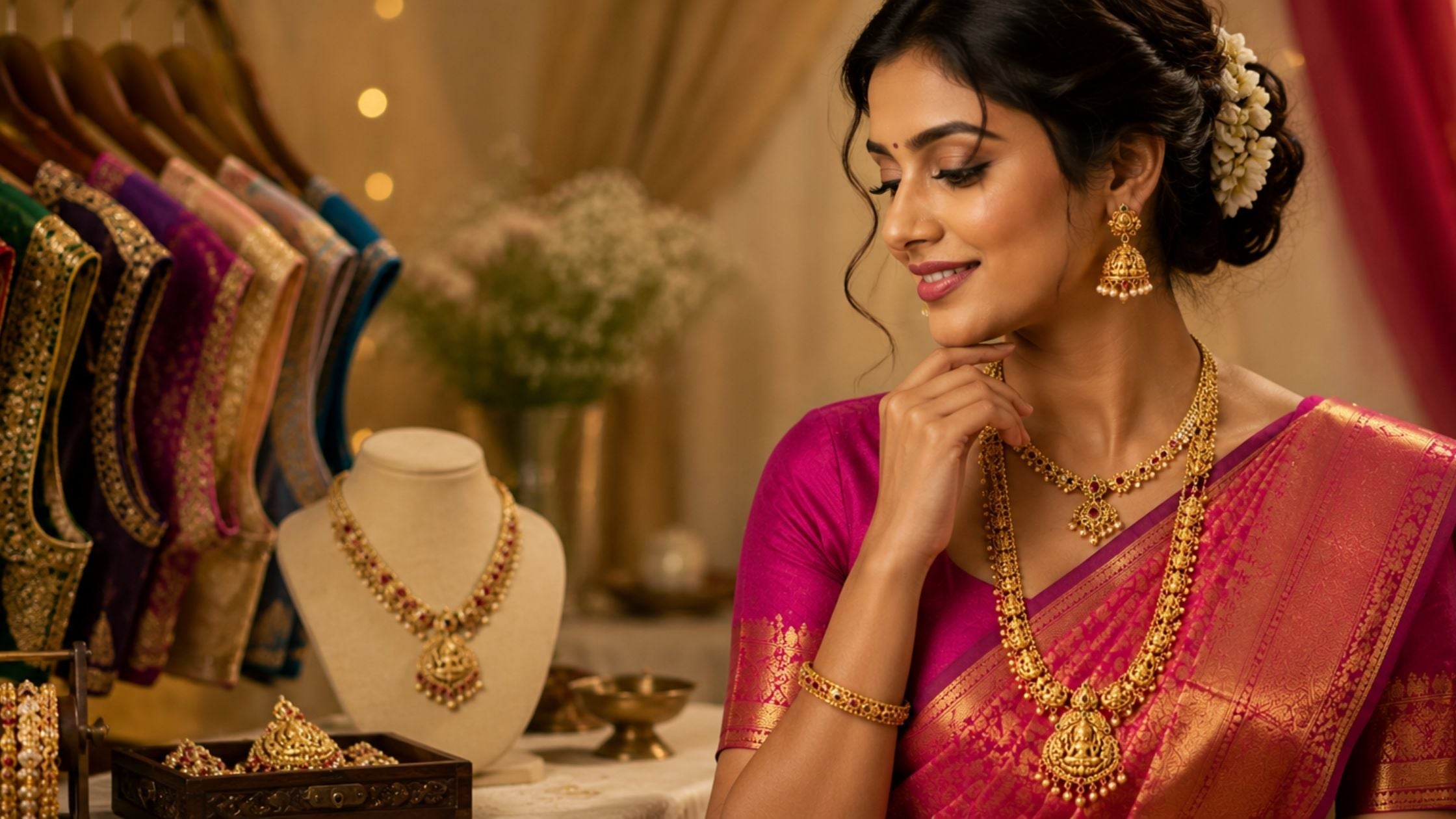 Indian woman wearing layered gold jewellery with a traditional silk saree in a jewellery boutique.
