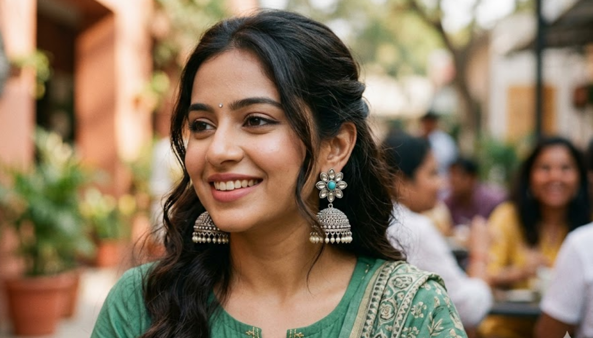 Young woman wearing elegant daily wear earrings for women