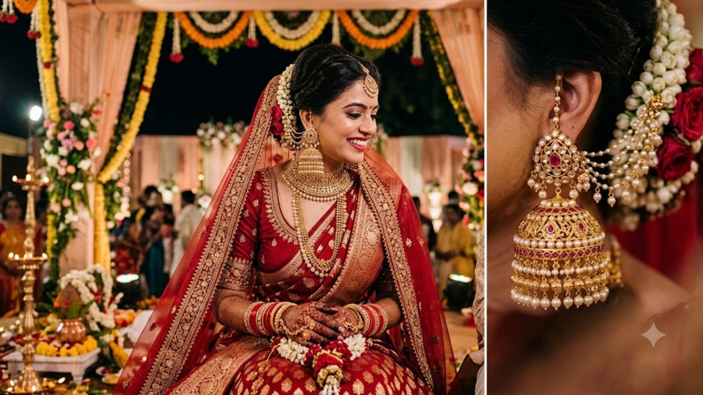Traditional bridal jhumka earrings with pearl detailing worn by a bride in a red wedding saree