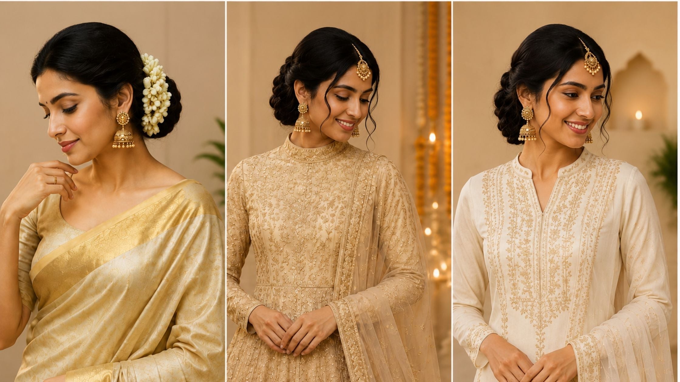 Cheap gold jhumka earrings styled with elegant traditional Indian outfits.