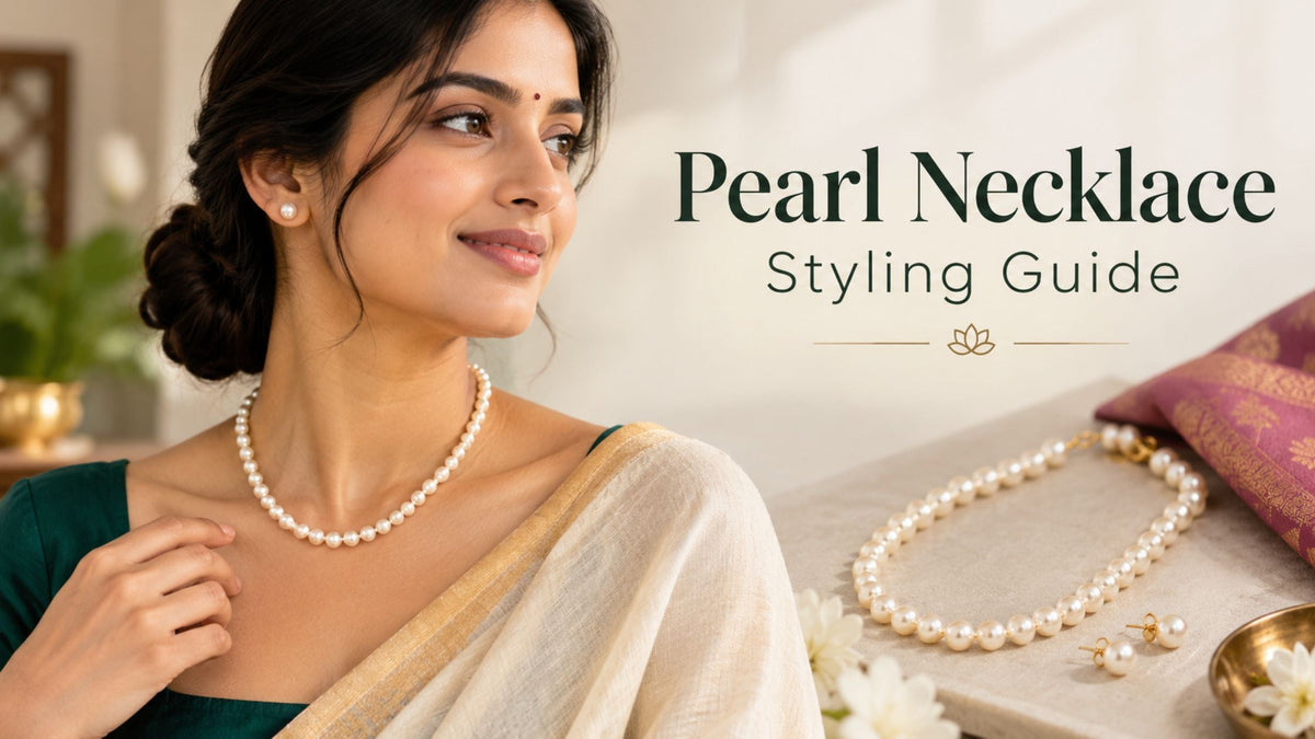 Pearl necklace styling guide for Indian outfits featuring a woman wearing a classic pearl necklace