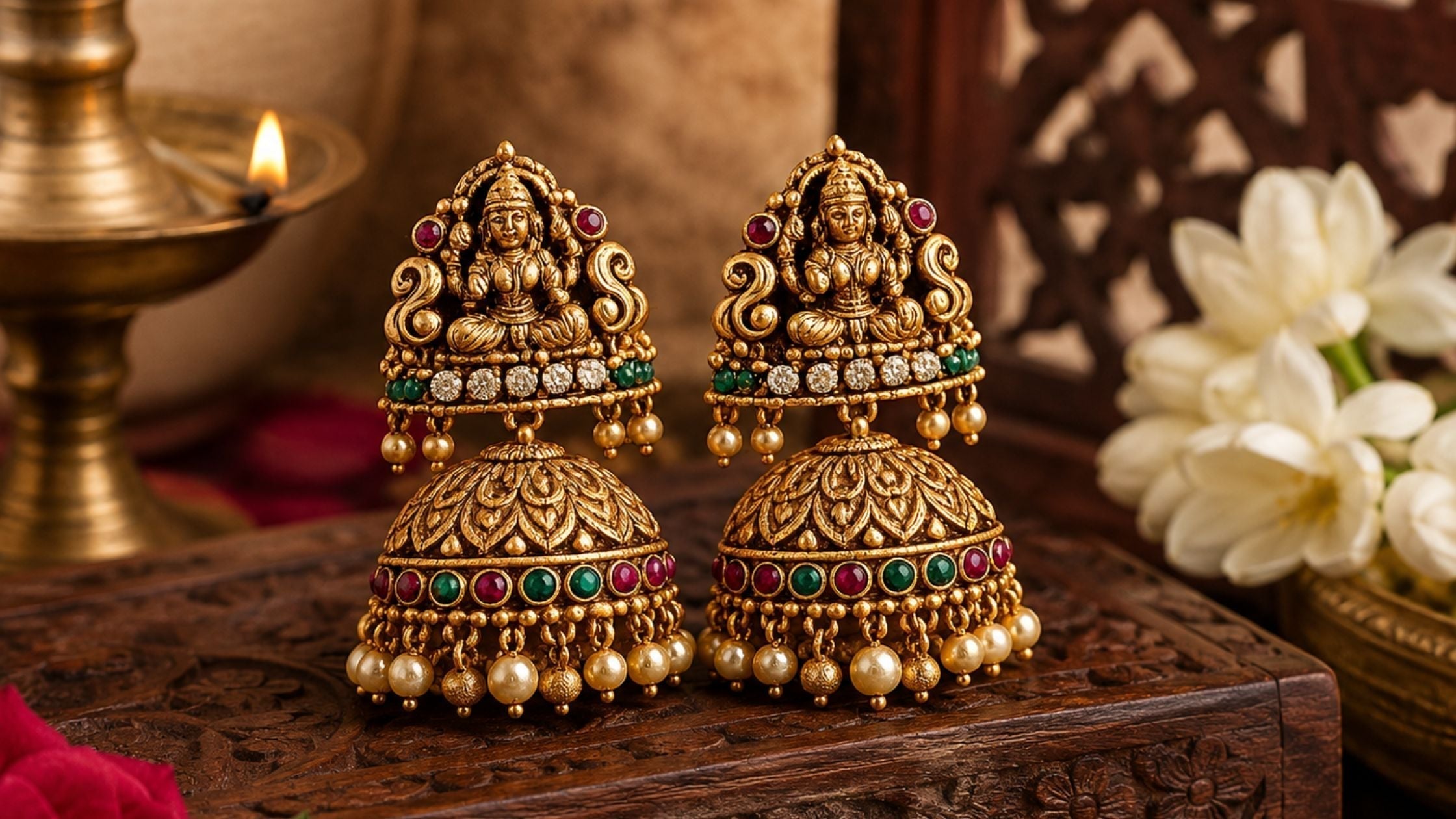 Temple earrings in antique gold finish with intricate goddess motifs