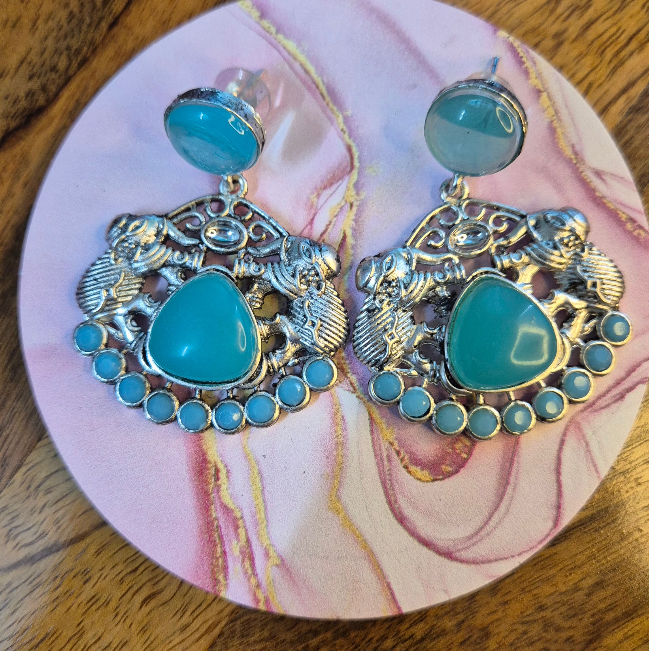 Oxidised Elepahnt motif Turquoise blue danglers
