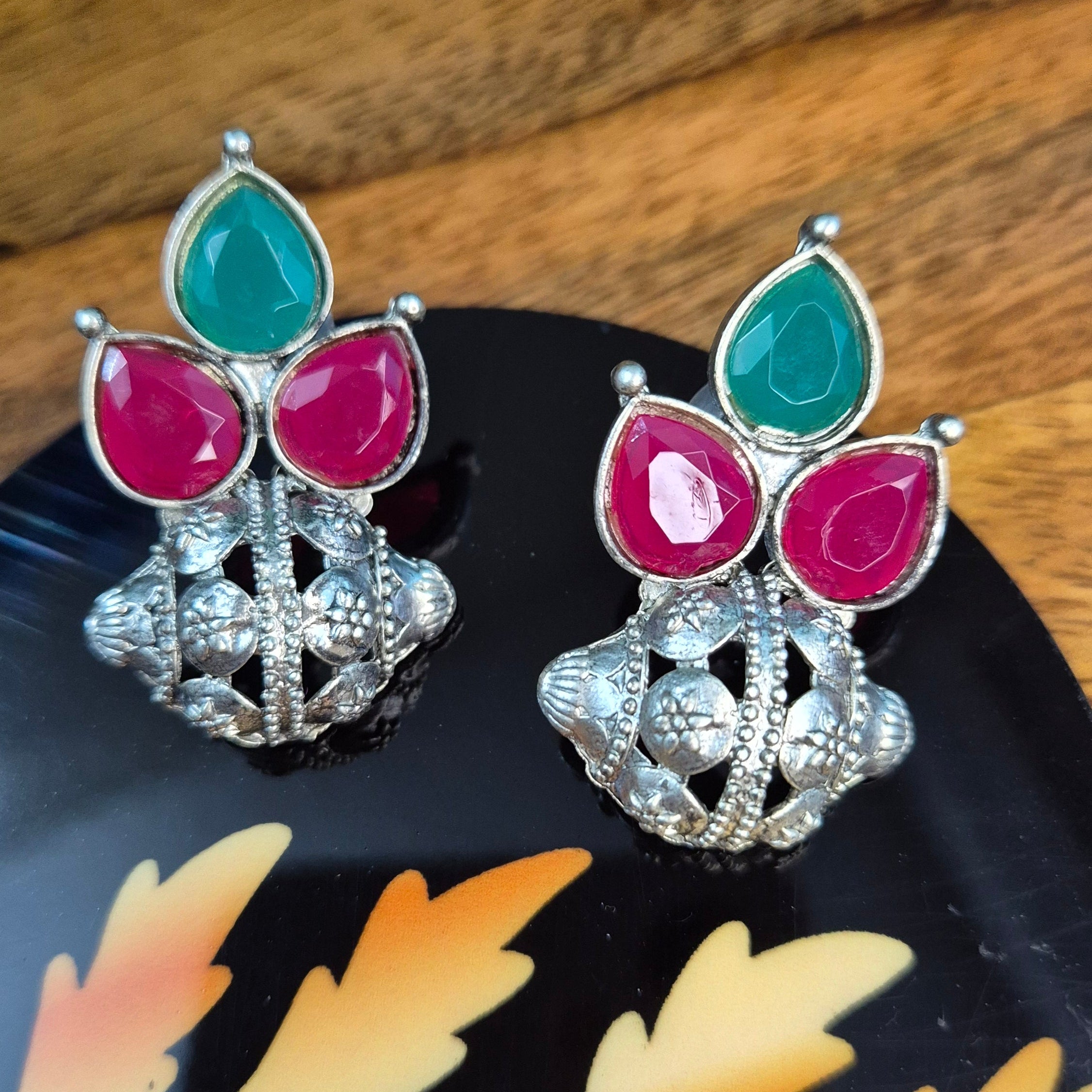 Oxidised Floral Drop Earrings – Pink & Green Stone Combo