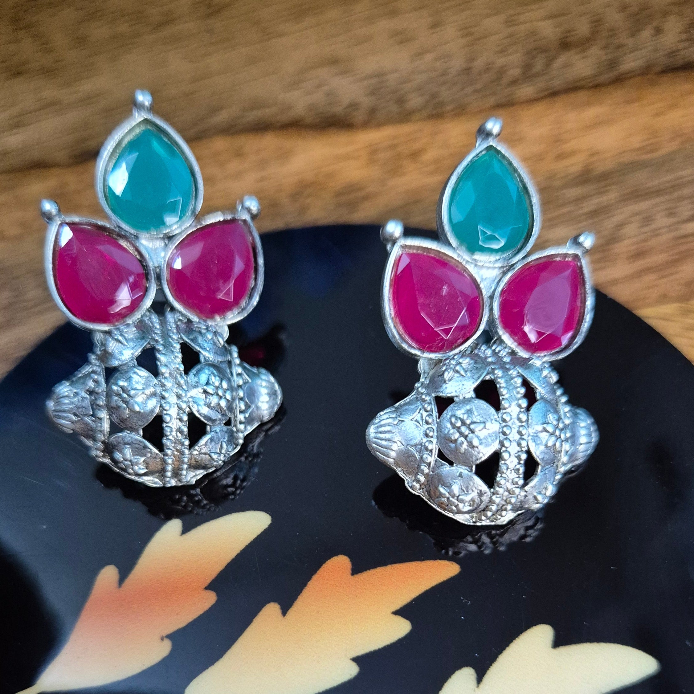 Oxidised Floral Drop Earrings – Pink & Green Stone Combo