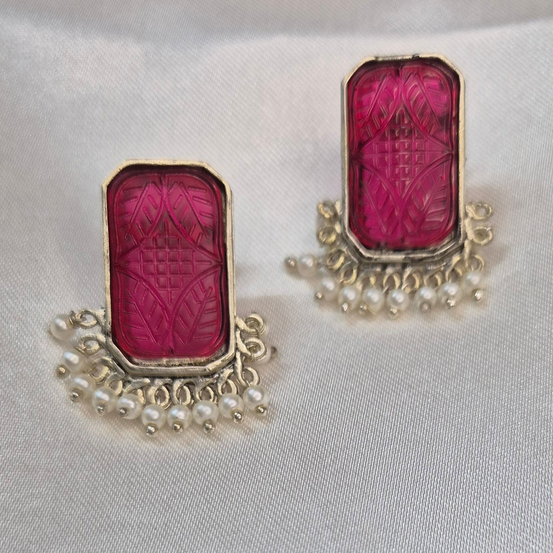 Oxidised Earrings with Pearl Drops with Carved Pink/Yellow/Red Stone