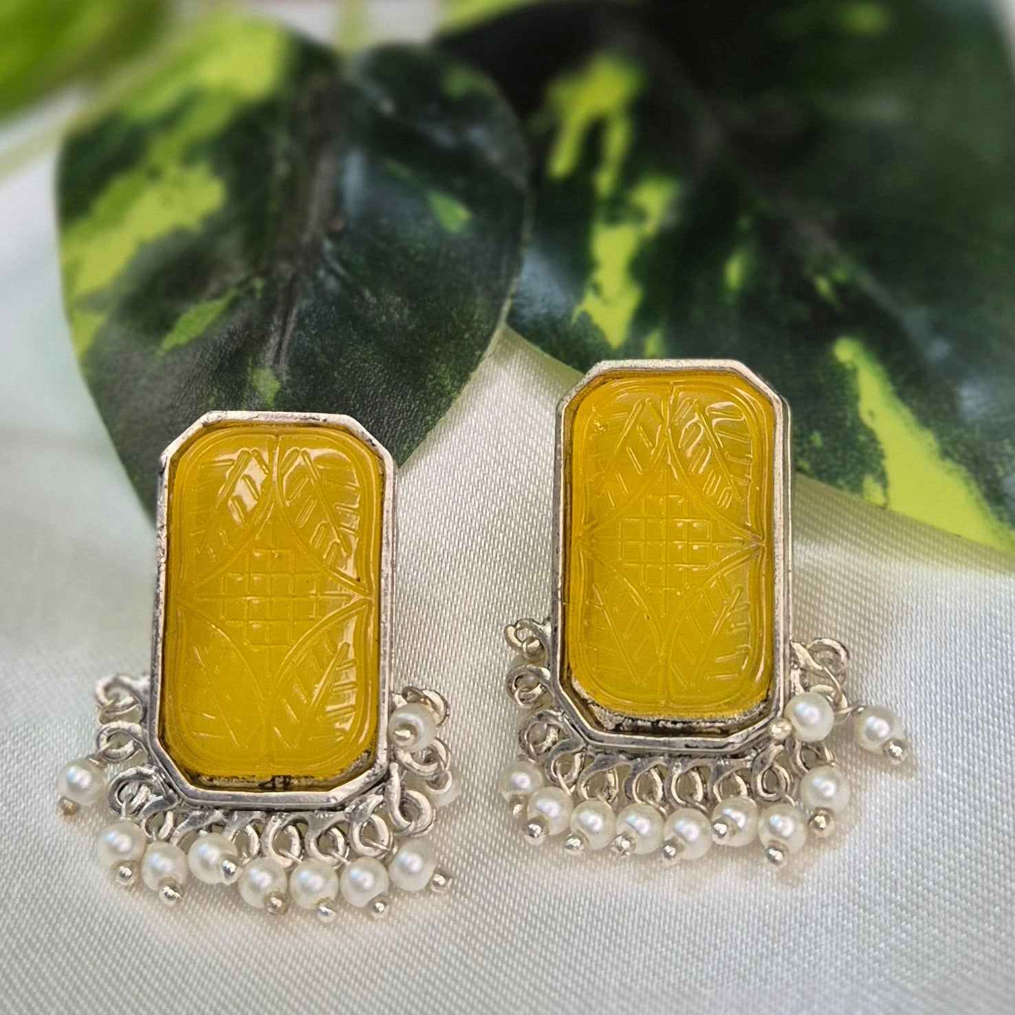 Oxidised Earrings with Pearl Drops with Carved Pink/Yellow/Red Stone