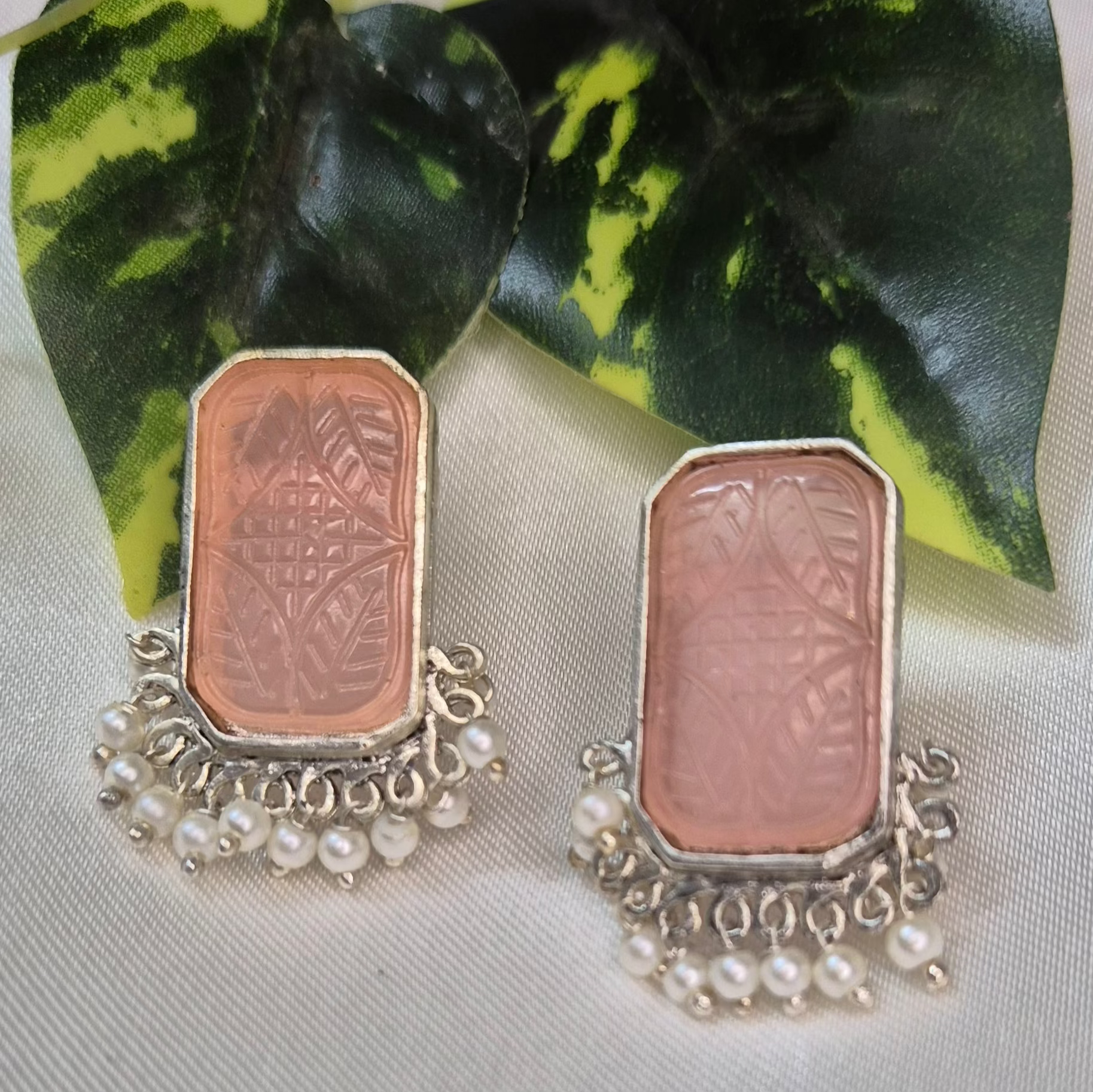 Oxidised Earrings with Pearl Drops with Carved Pink/Yellow/Red Stone