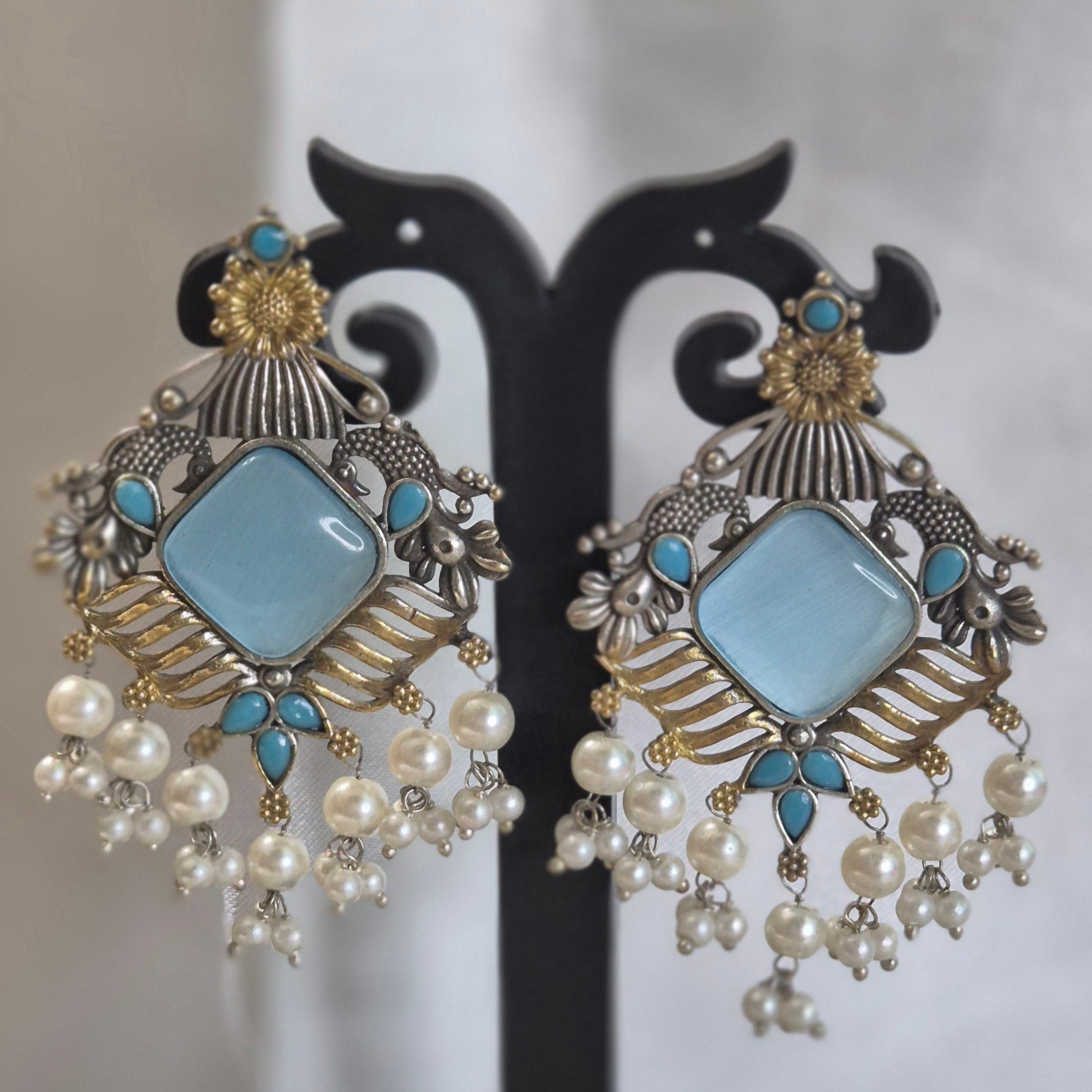 Dual-Tone Antique Silver & Gold  Blue Stone Chandbalis