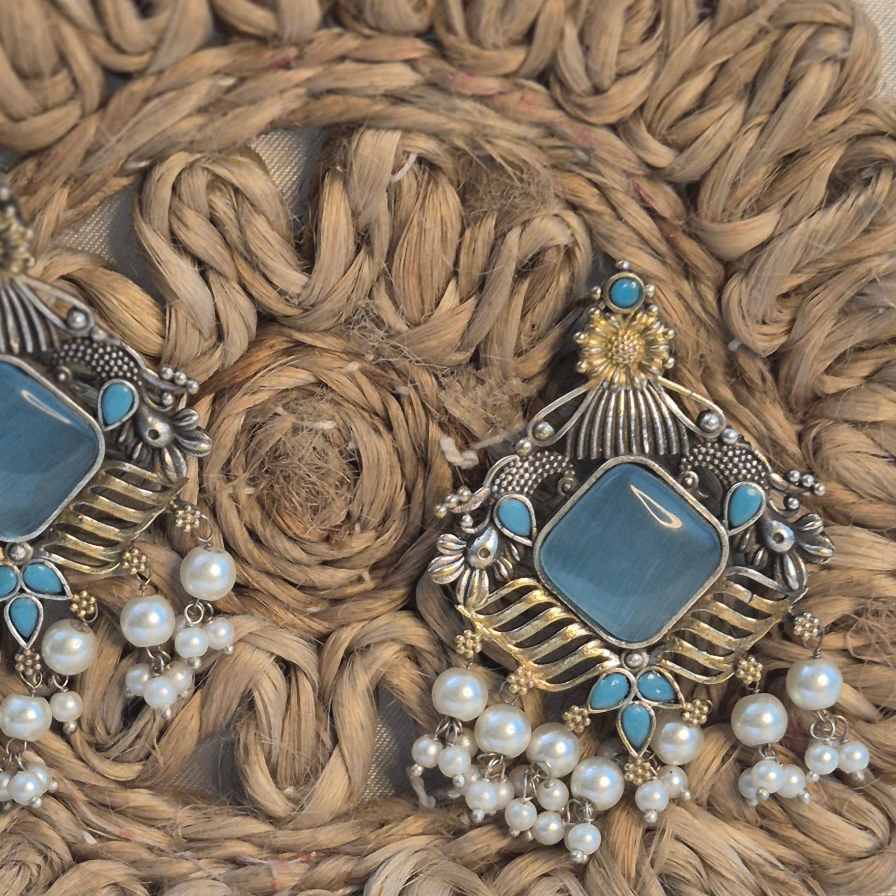 Dual-Tone Antique Silver & Gold  Blue Stone Chandbalis