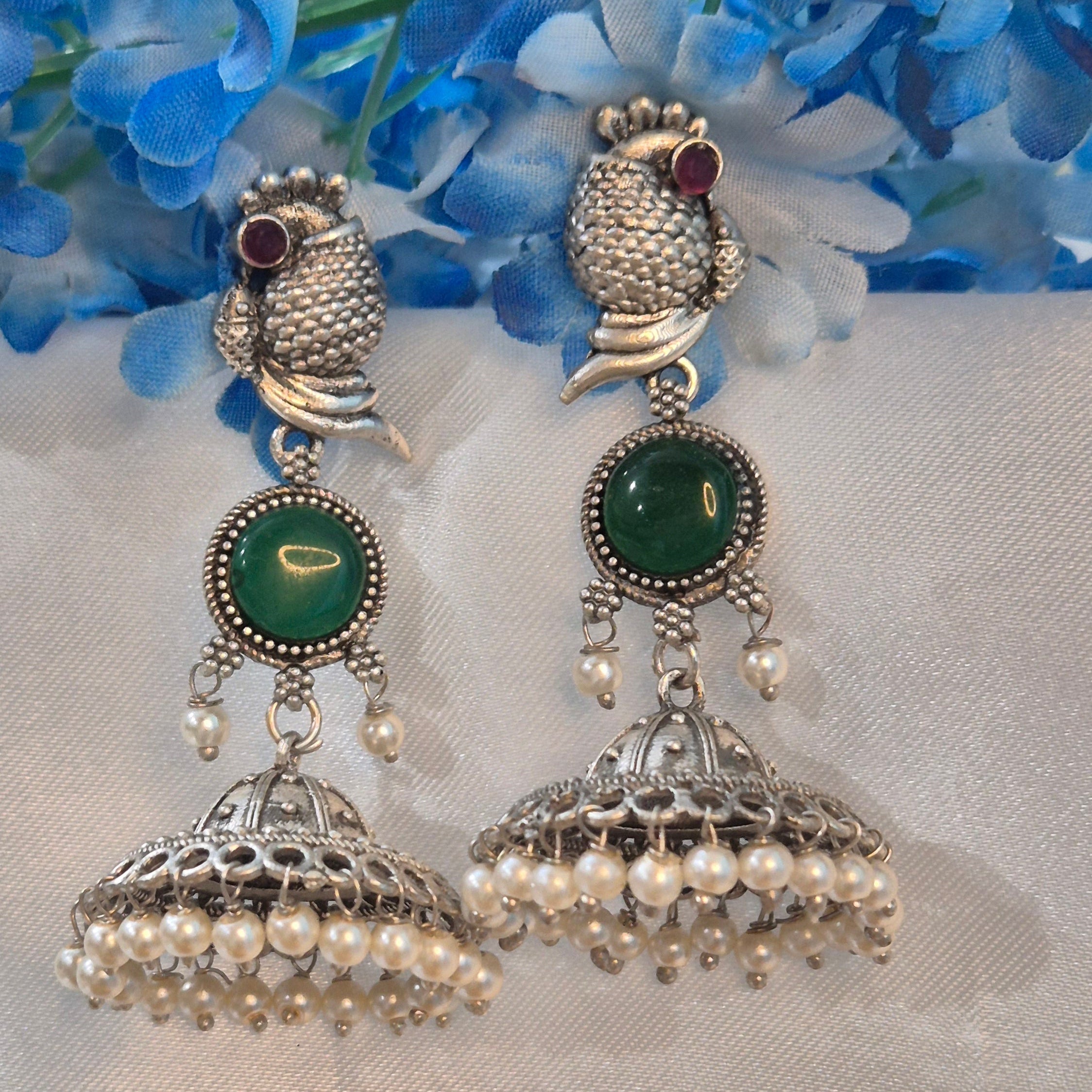 Oxidized Silver Fish Motif Jhumka  Earrings with Green Stone &  Pearl Drops