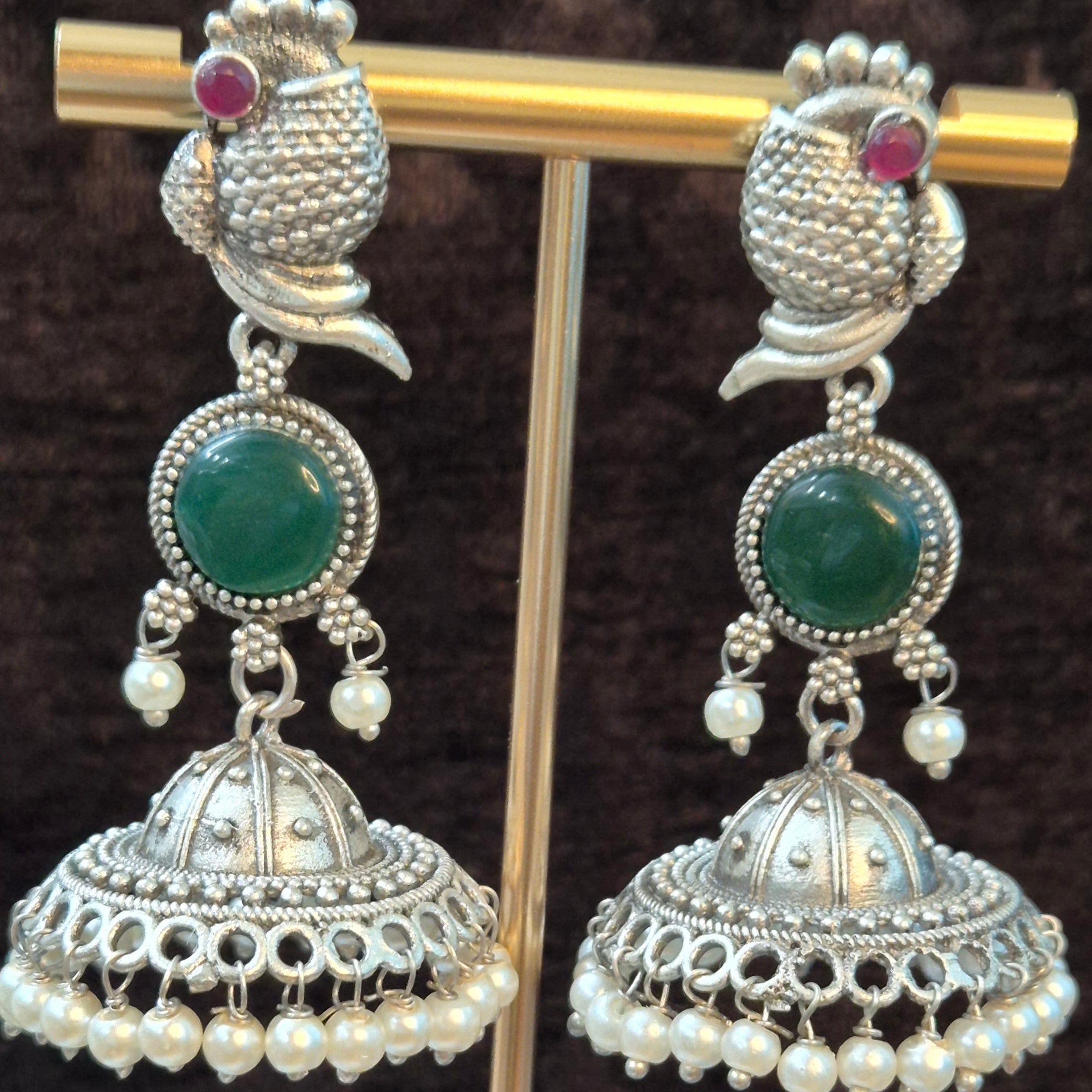 Oxidized Silver Fish Motif Jhumka  Earrings with Green Stone &  Pearl Drops