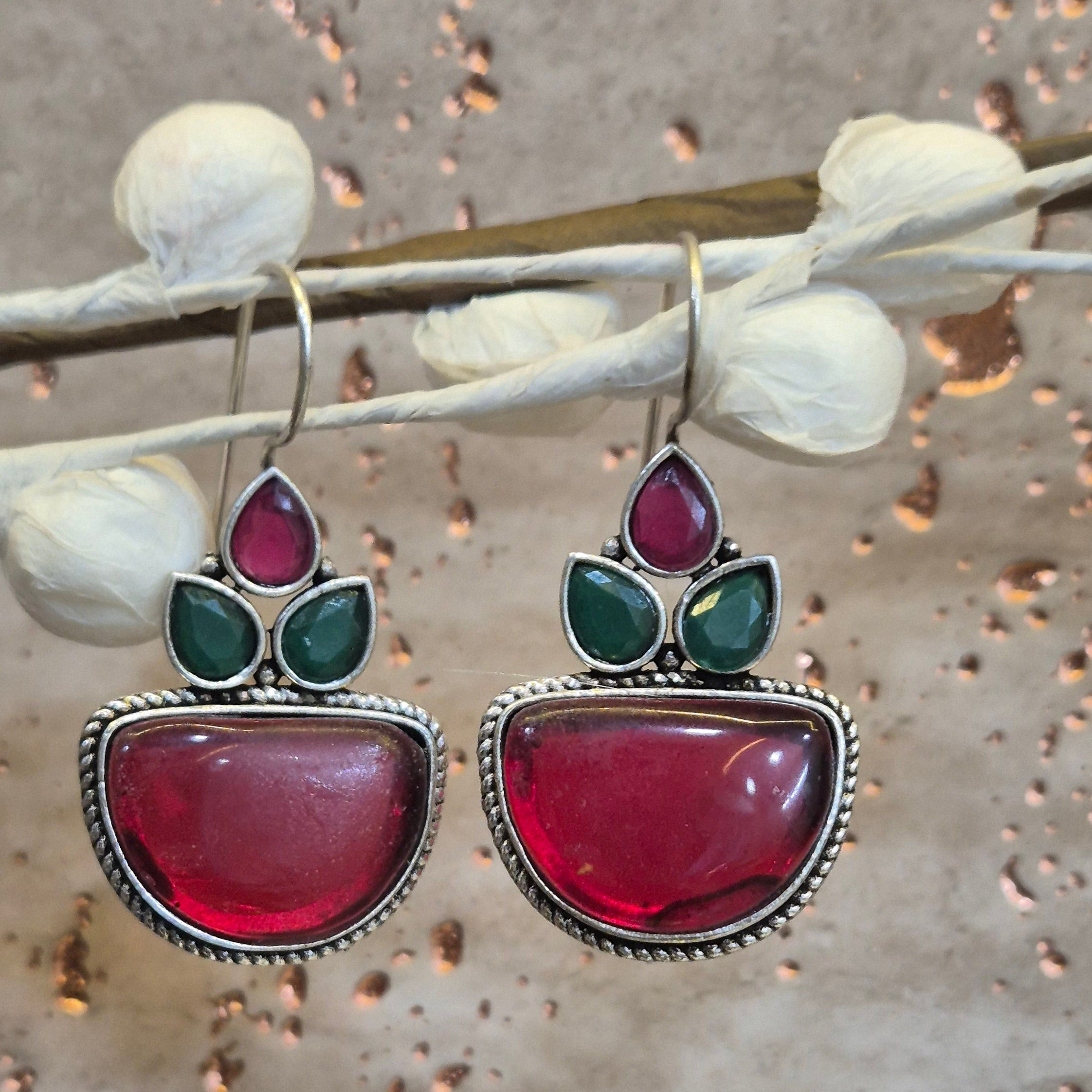 Hook drop Oxidised Red & Green Stone earrings