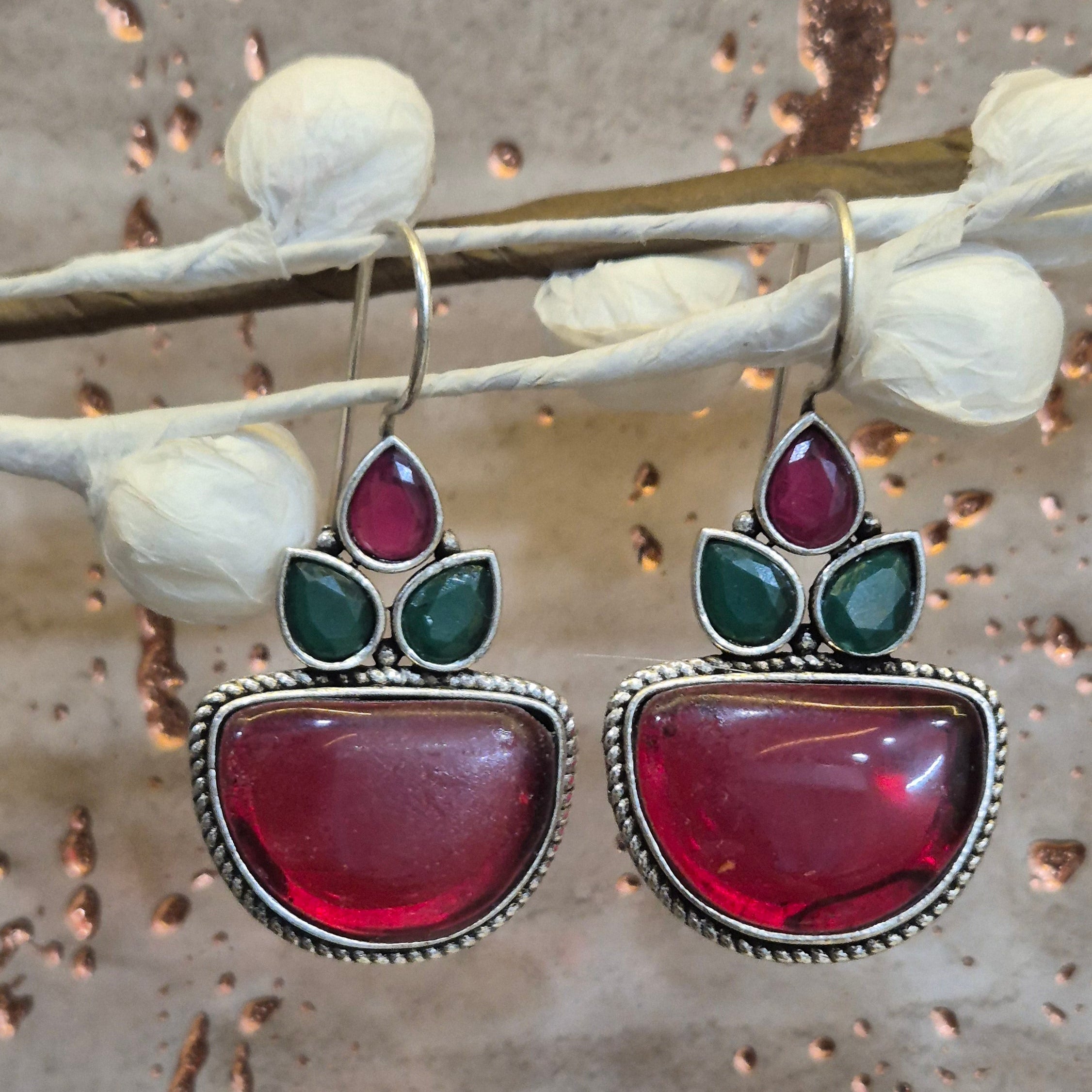 Hook drop Oxidised Red & Green Stone earrings