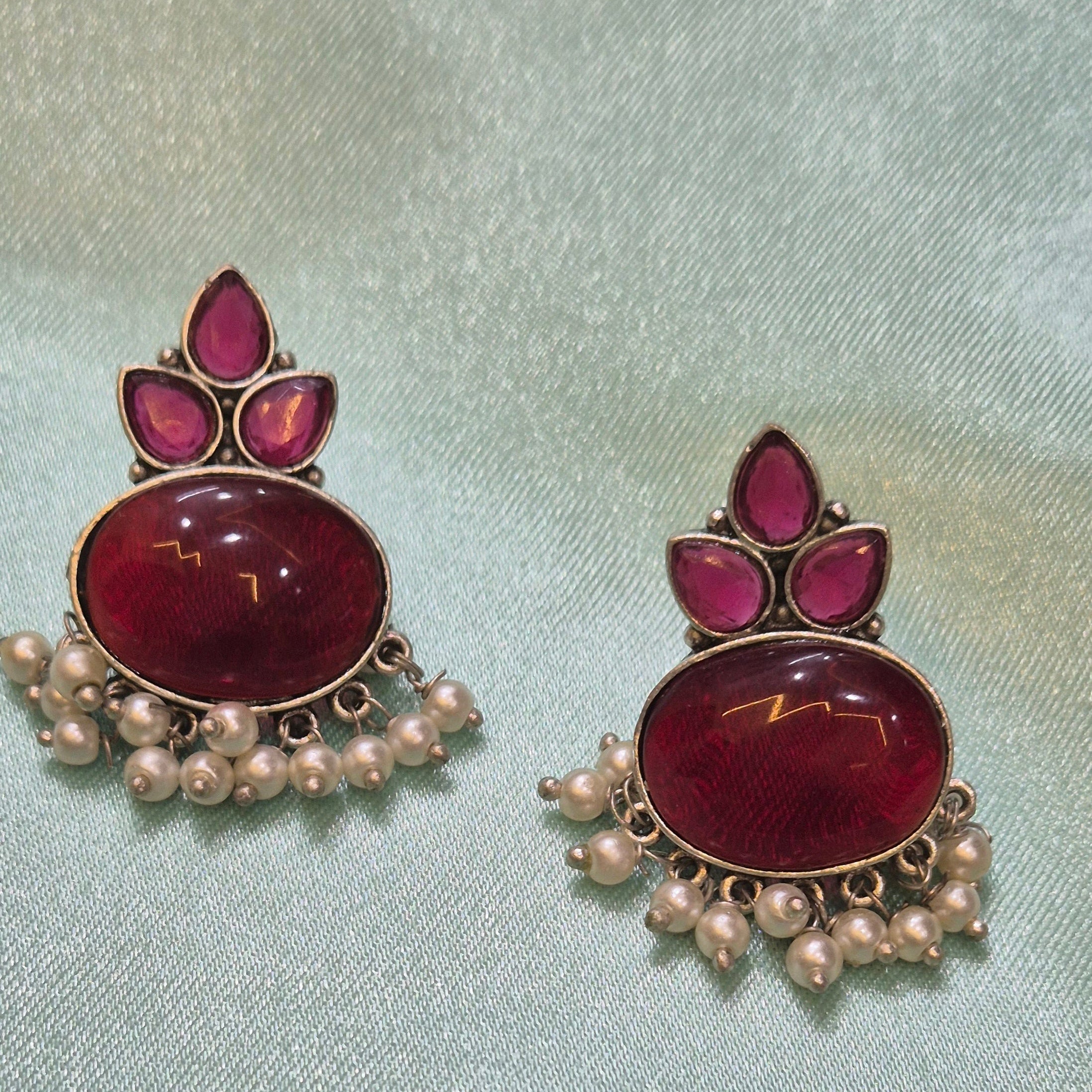 Oxidised Ruby Red /Yellow/Blue/Green Stone Earrings with Pearl Drops