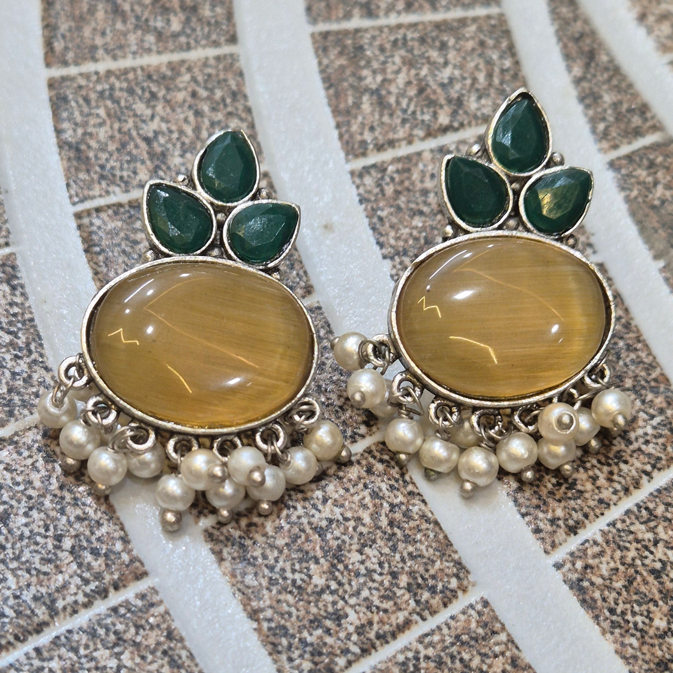 Oxidised Ruby Red /Yellow/Blue/Green Stone Earrings with Pearl Drops