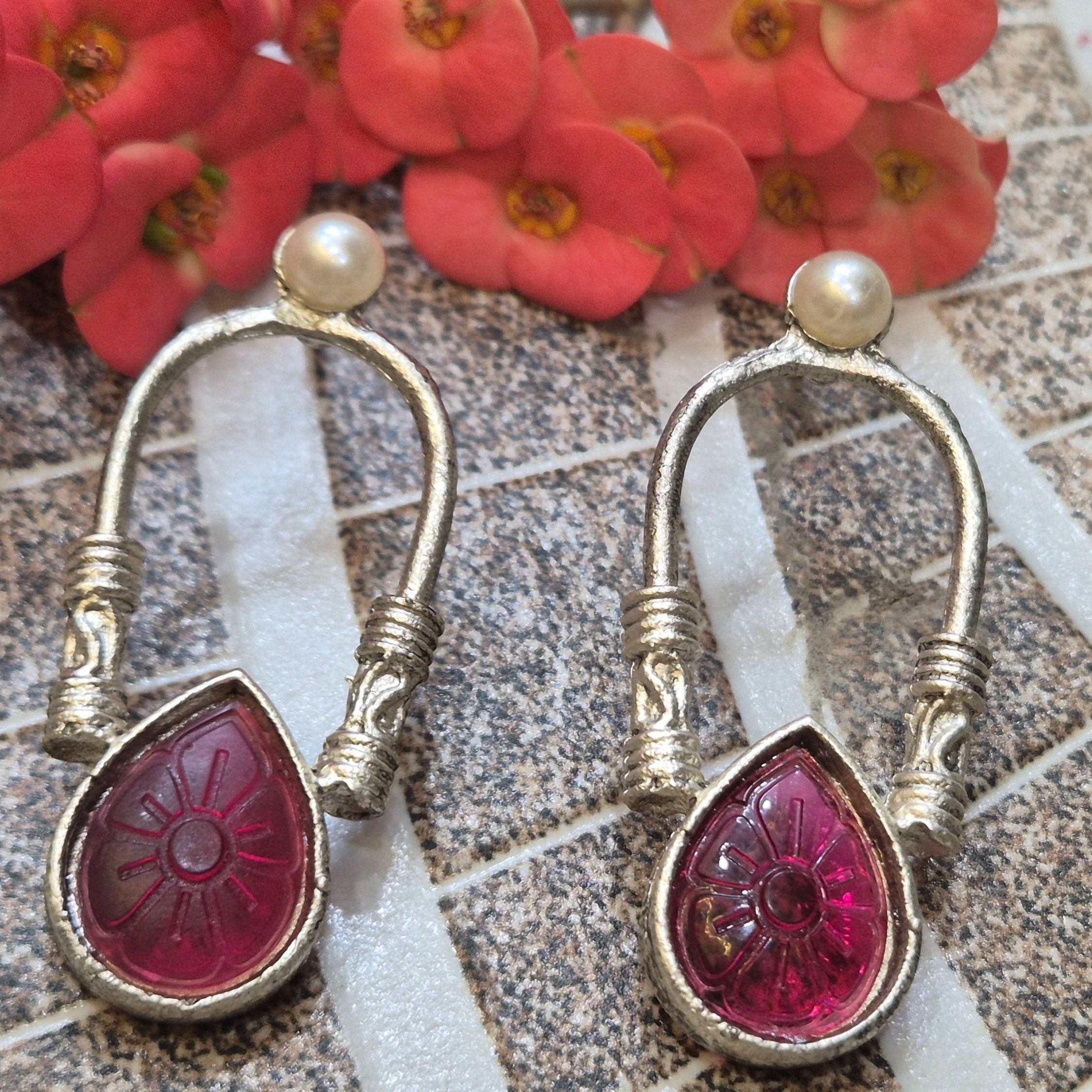 Oxidised Pink Carved Stone Drop Earrings with Pearl Stud