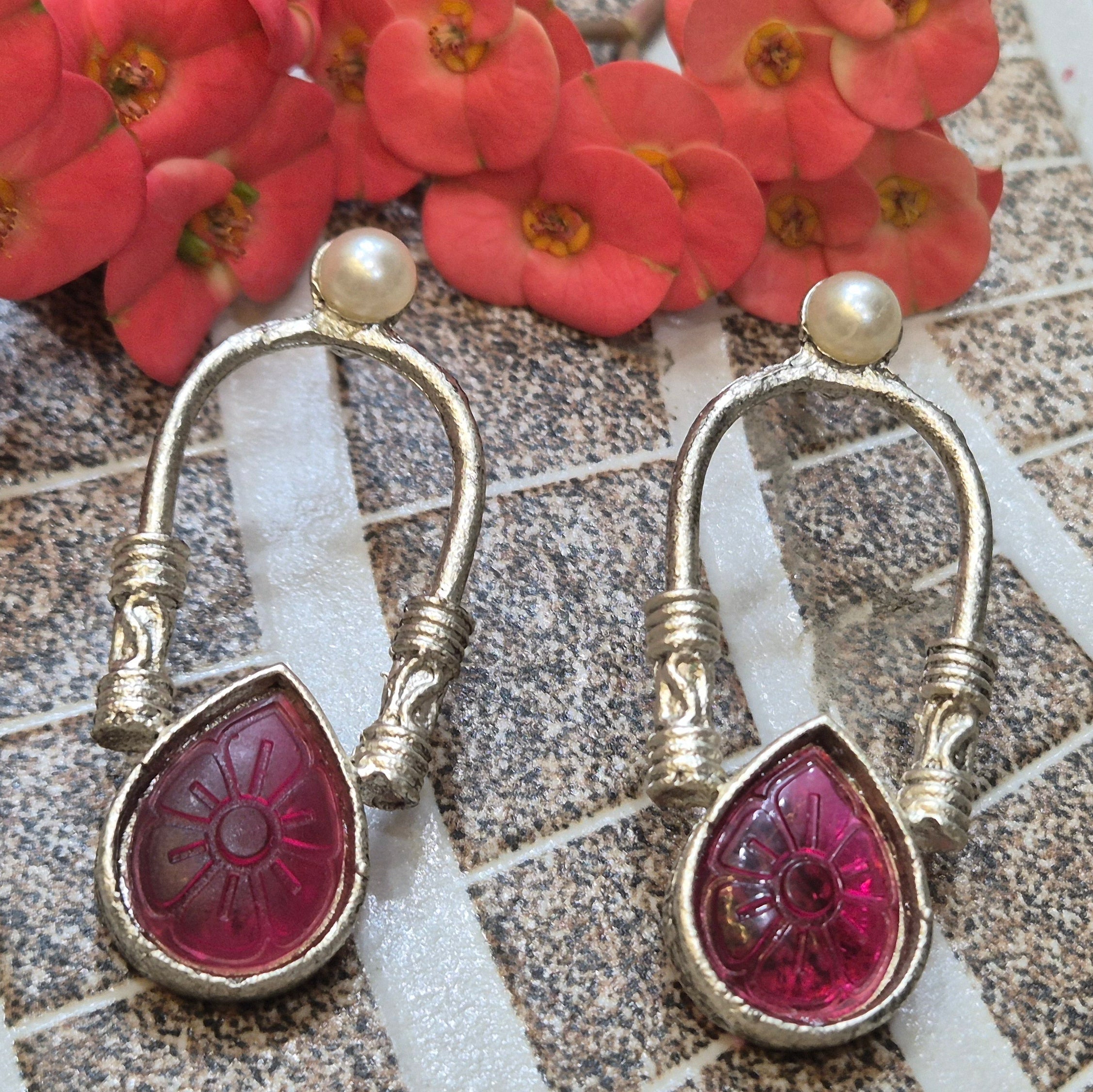 Oxidised Pink Carved Stone Drop Earrings with Pearl Stud