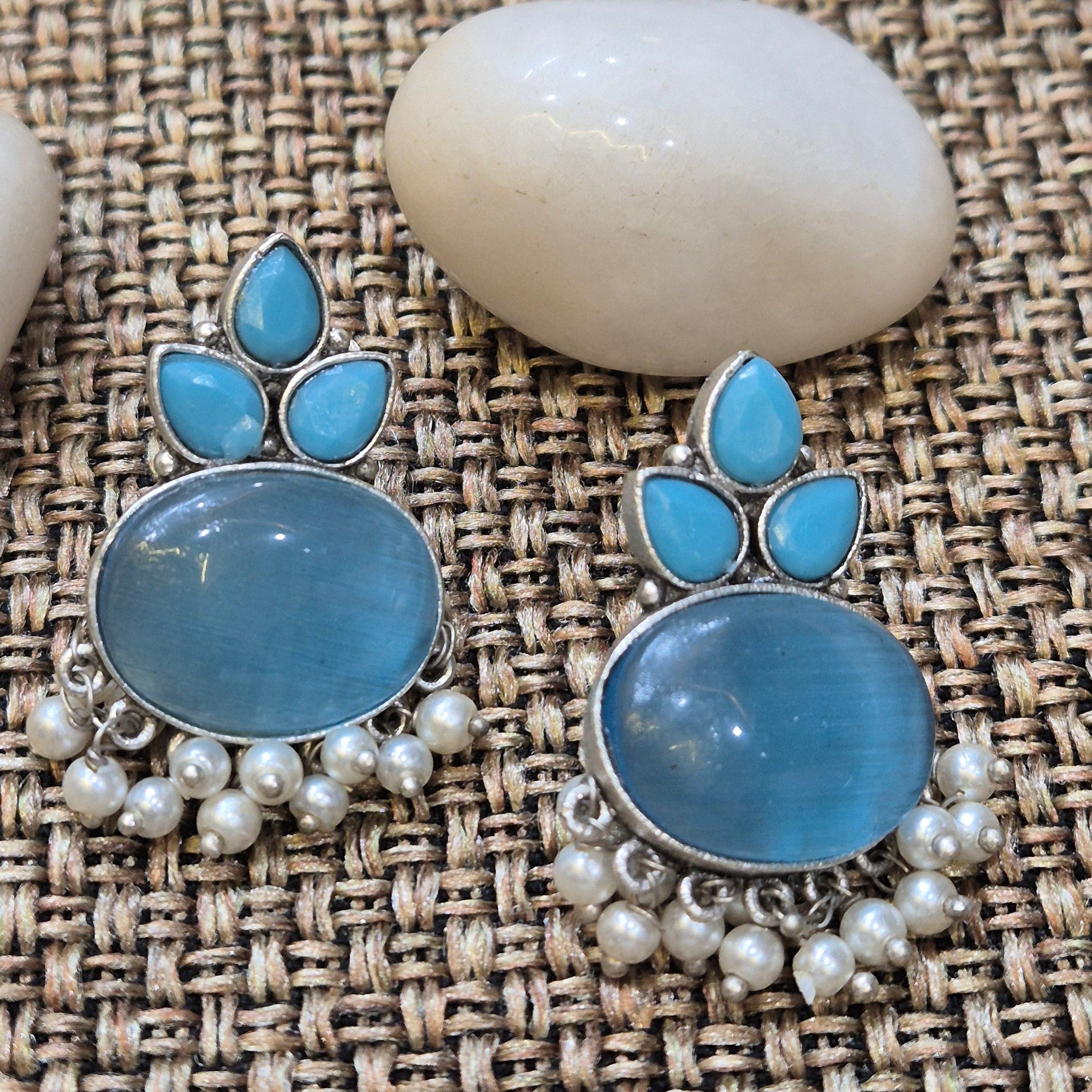 Oxidised Ruby Red /Yellow/Blue/Green Stone Earrings with Pearl Drops