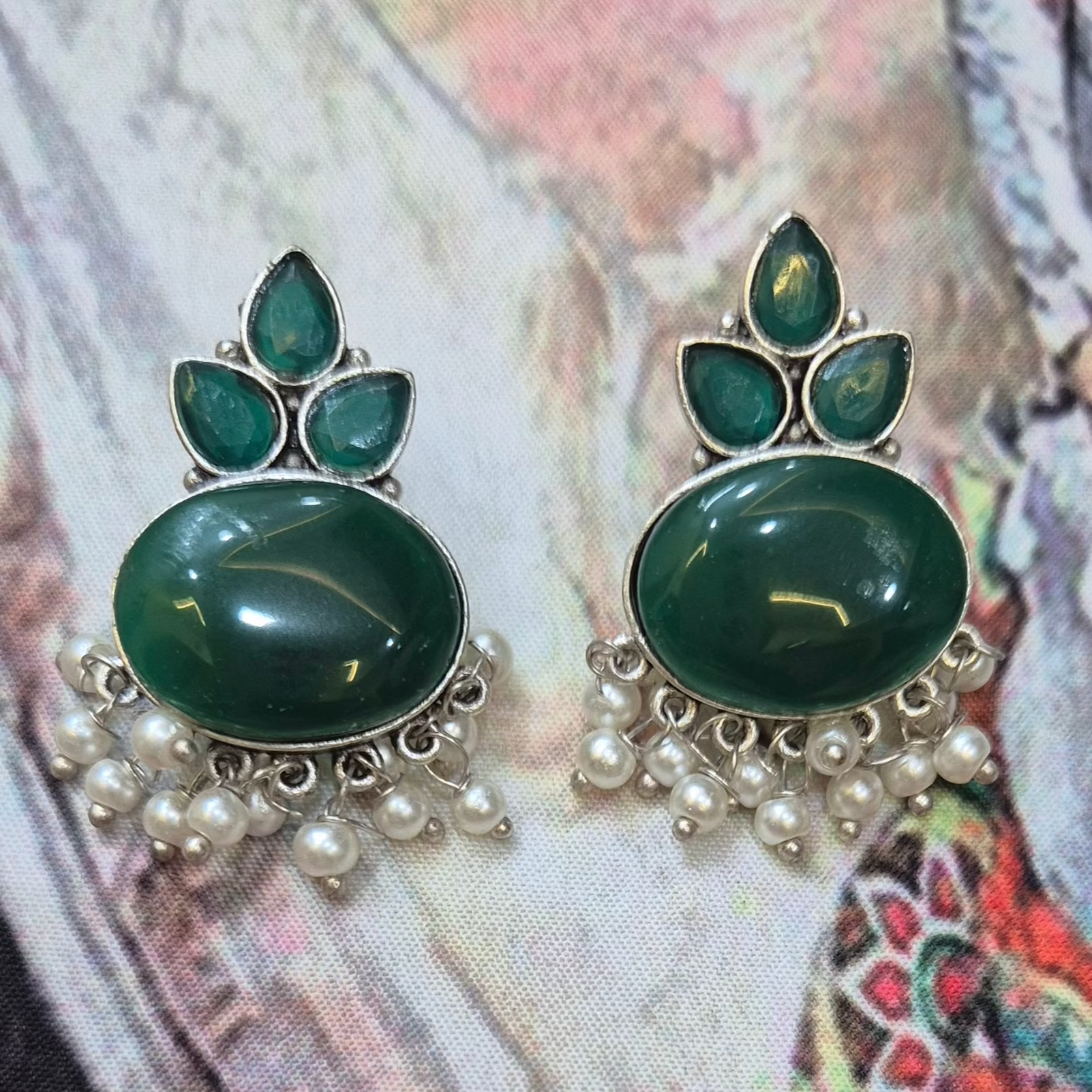 Oxidised Ruby Red /Yellow/Blue/Green Stone Earrings with Pearl Drops