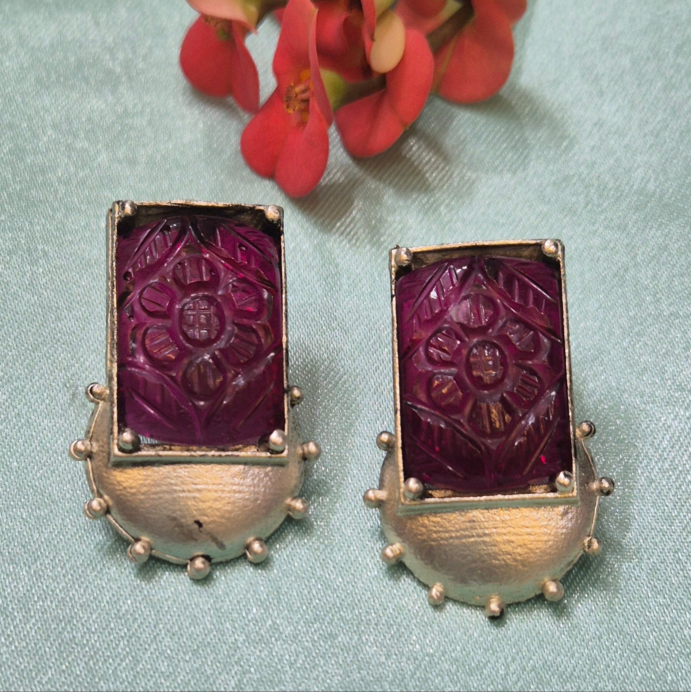 Hand-Carved Deep red Stone Oxidised Stud Earrings