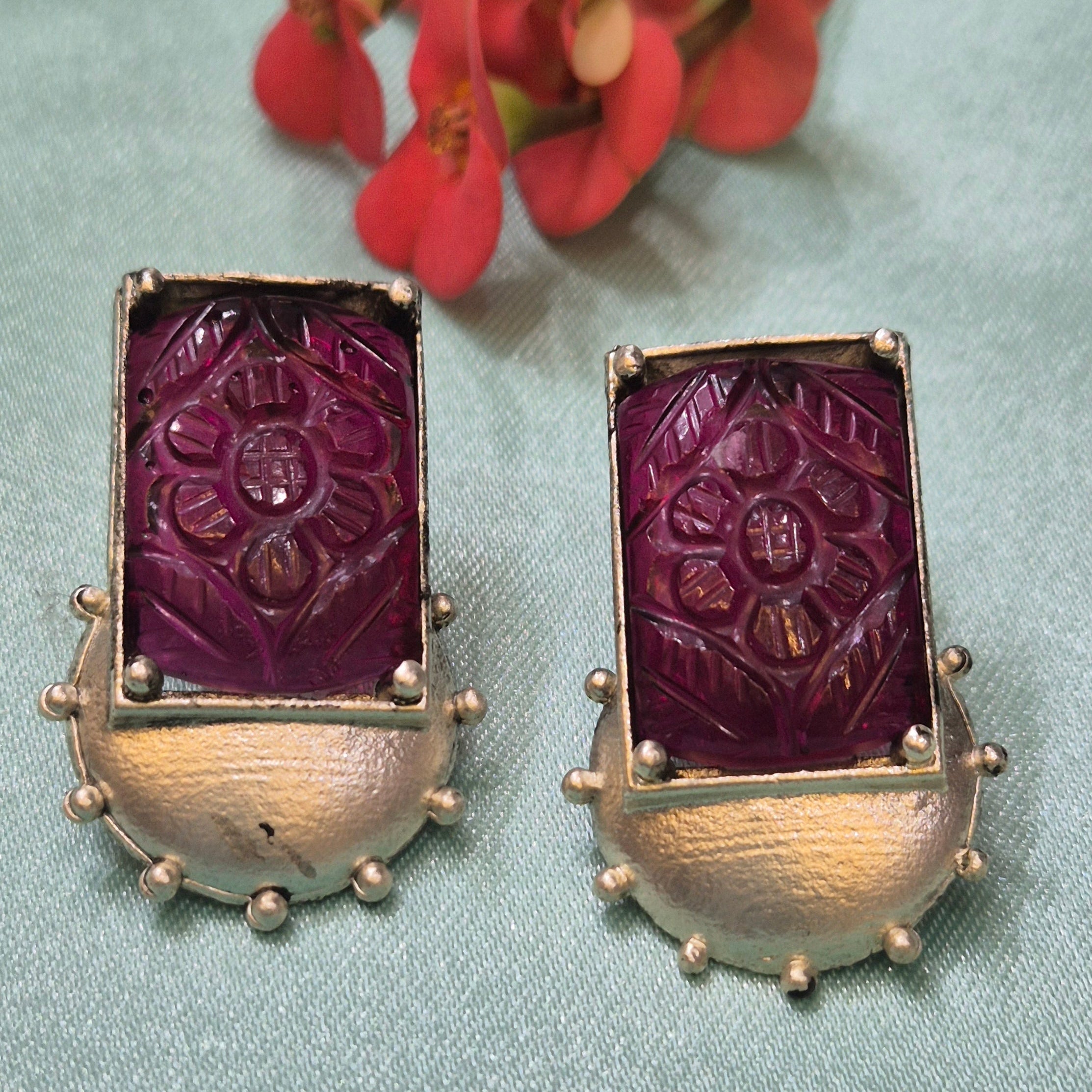 Hand-Carved Deep red Stone Oxidised Stud Earrings