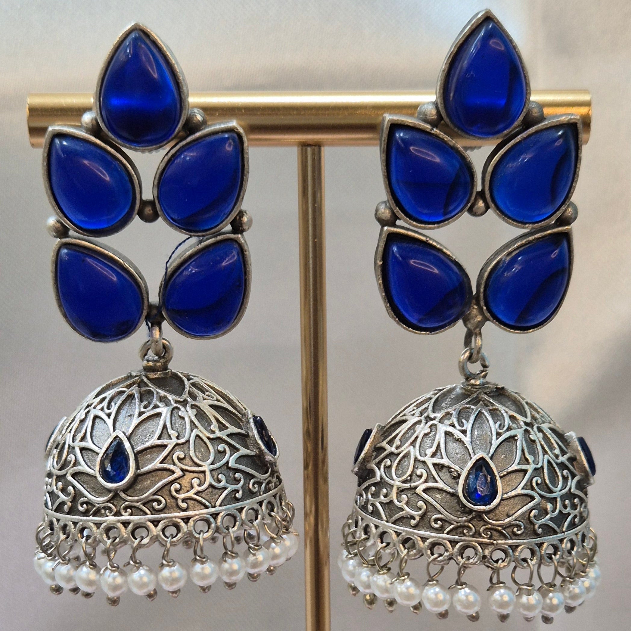Traditional Royal Blue Stone & Silver Jhumka Earrings with Pearl Drops