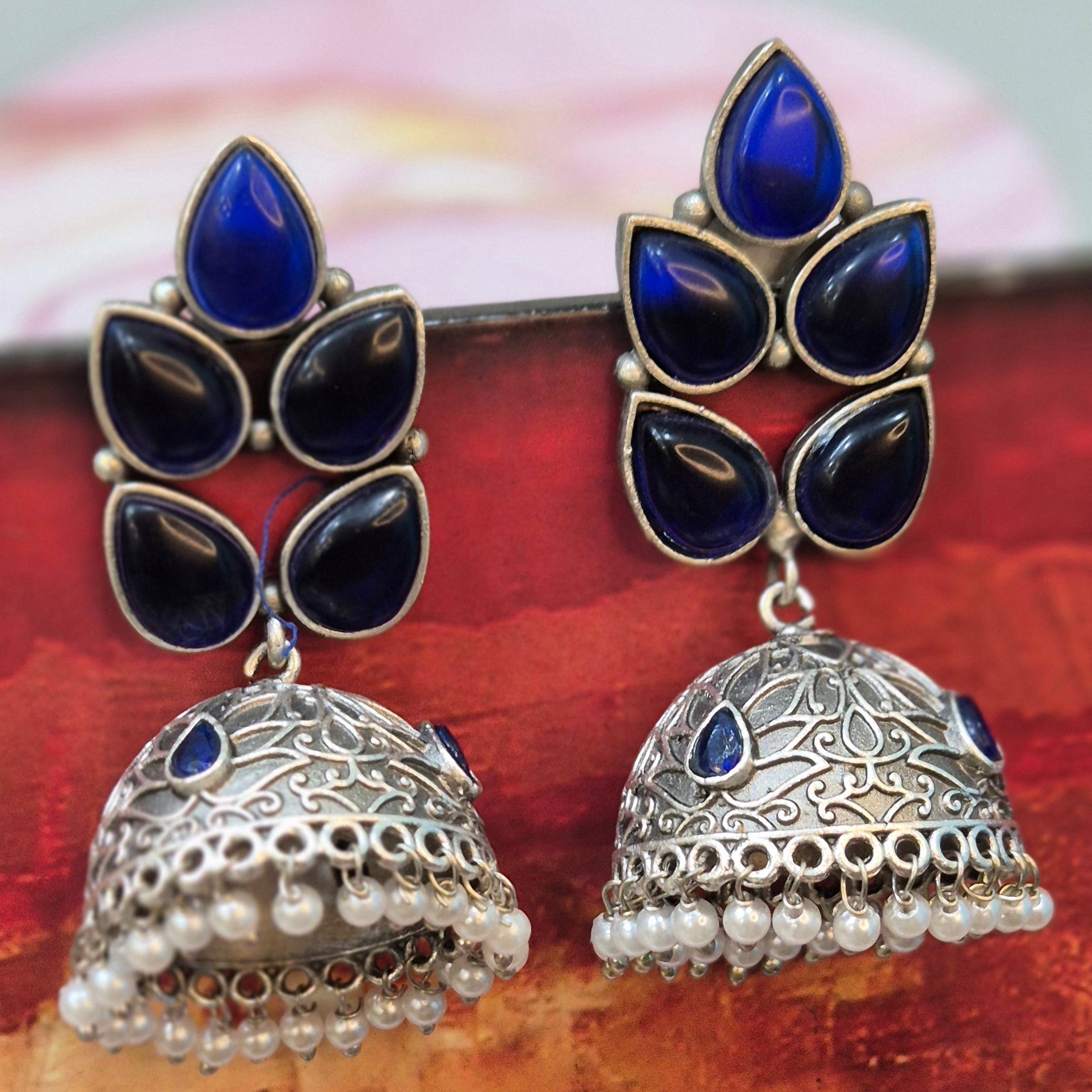 Traditional Royal Blue Stone &  Silver Jhumka Earrings with Pearl  Drops