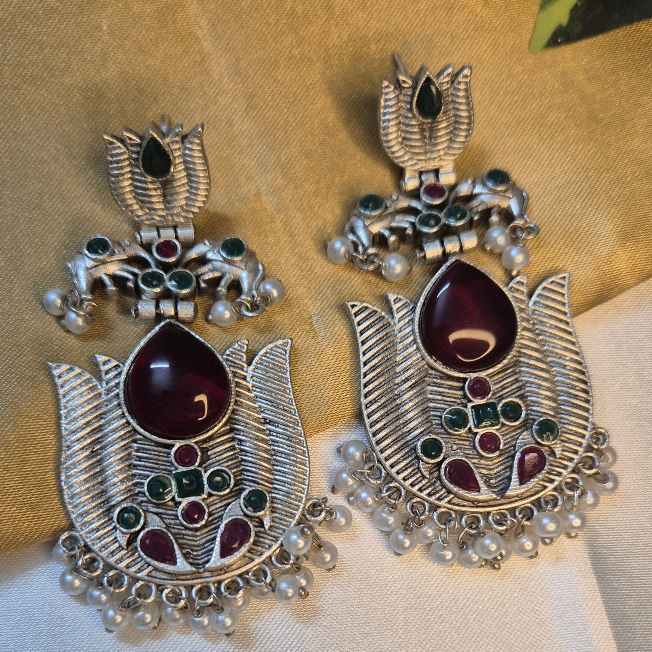 Oxidised Silver Lotus Motif Earrings with Ruby & Yellow  Stones