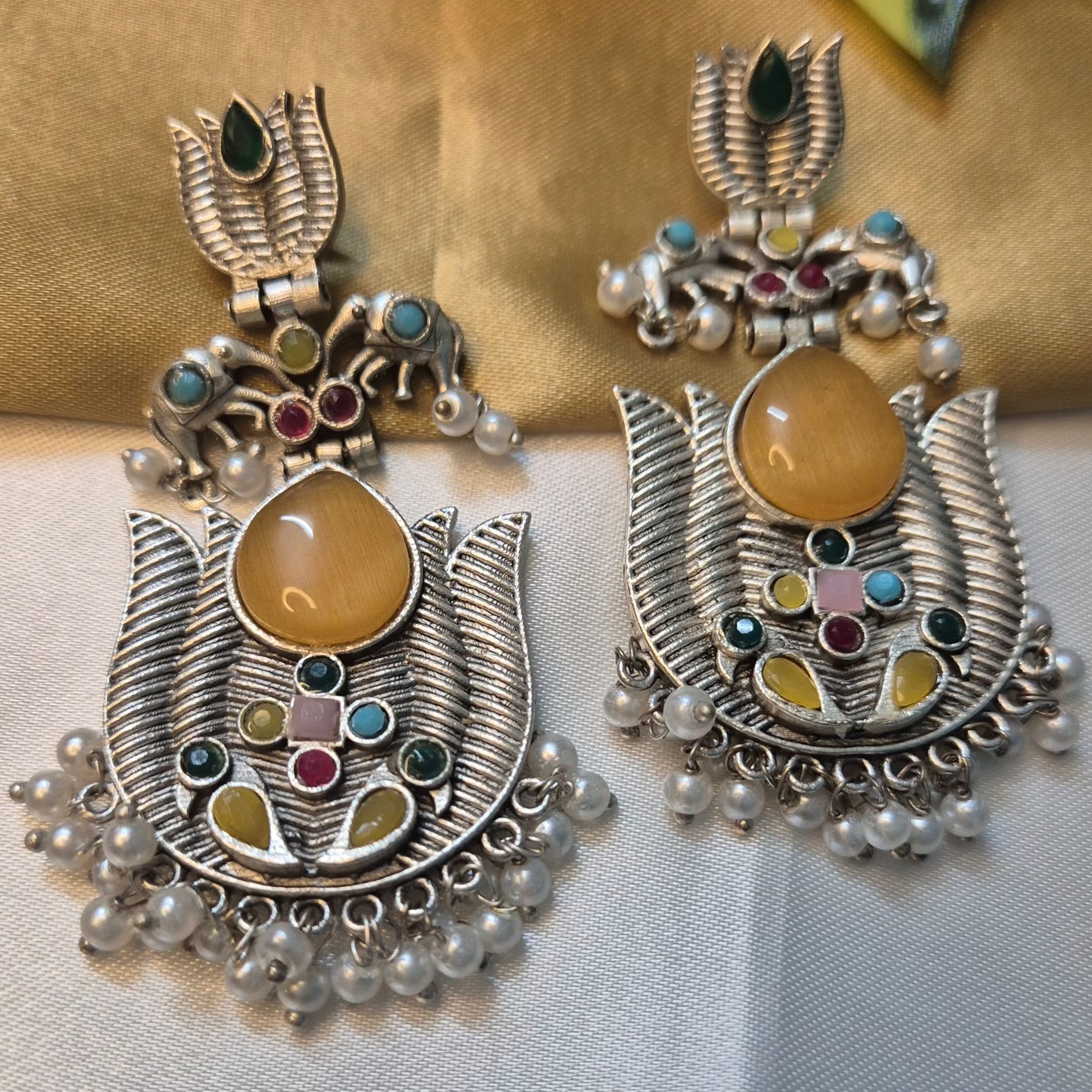 Oxidised Silver Lotus Motif Earrings with Ruby & Yellow  Stones