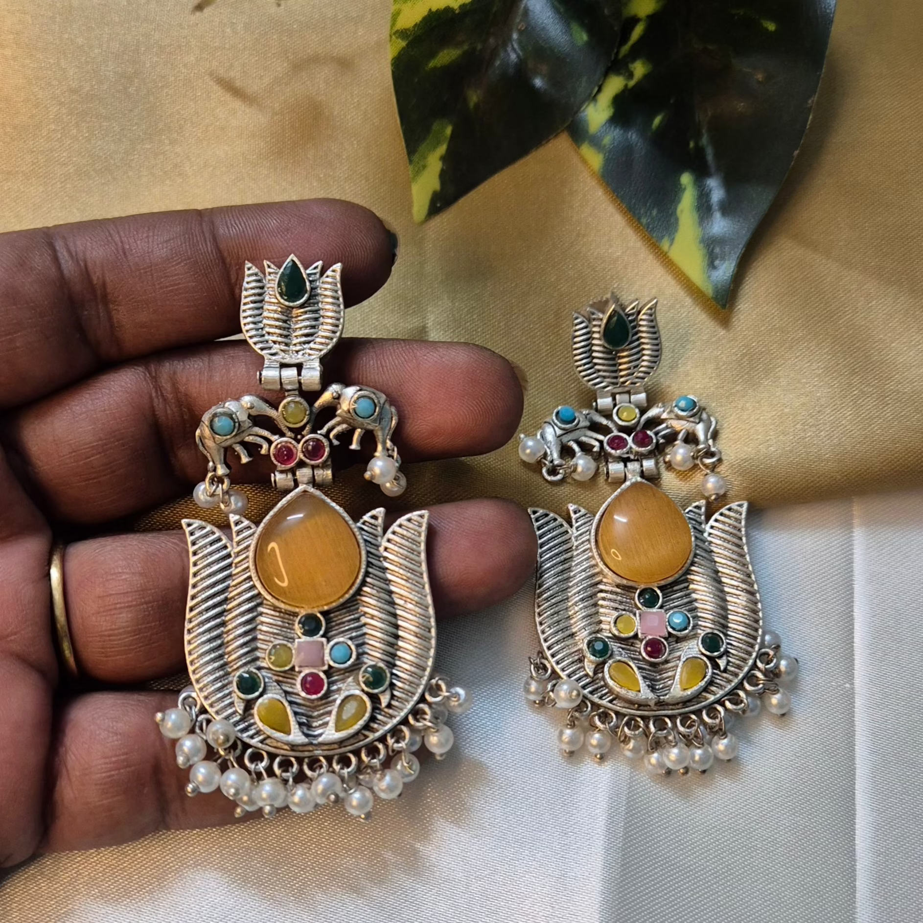 Oxidised Silver Lotus Motif Earrings with Ruby & Yellow  Stones