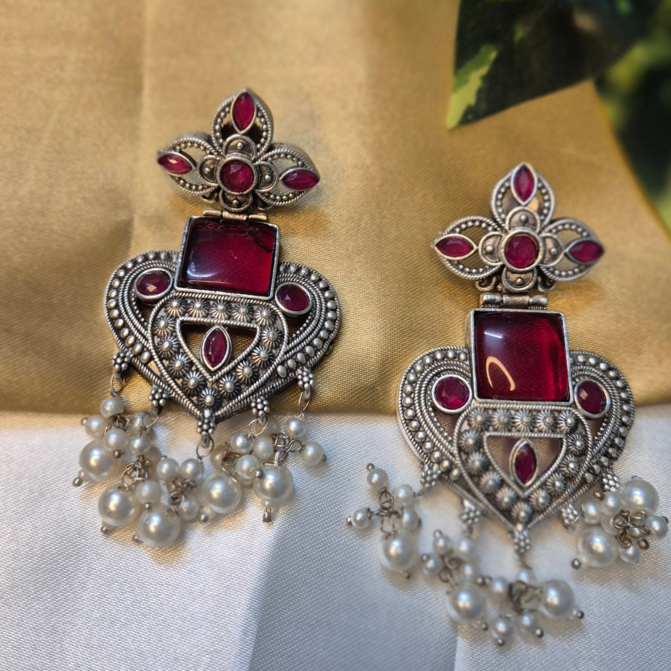 Oxidised Antique Ruby Stone Earrings with Pearl Clusters