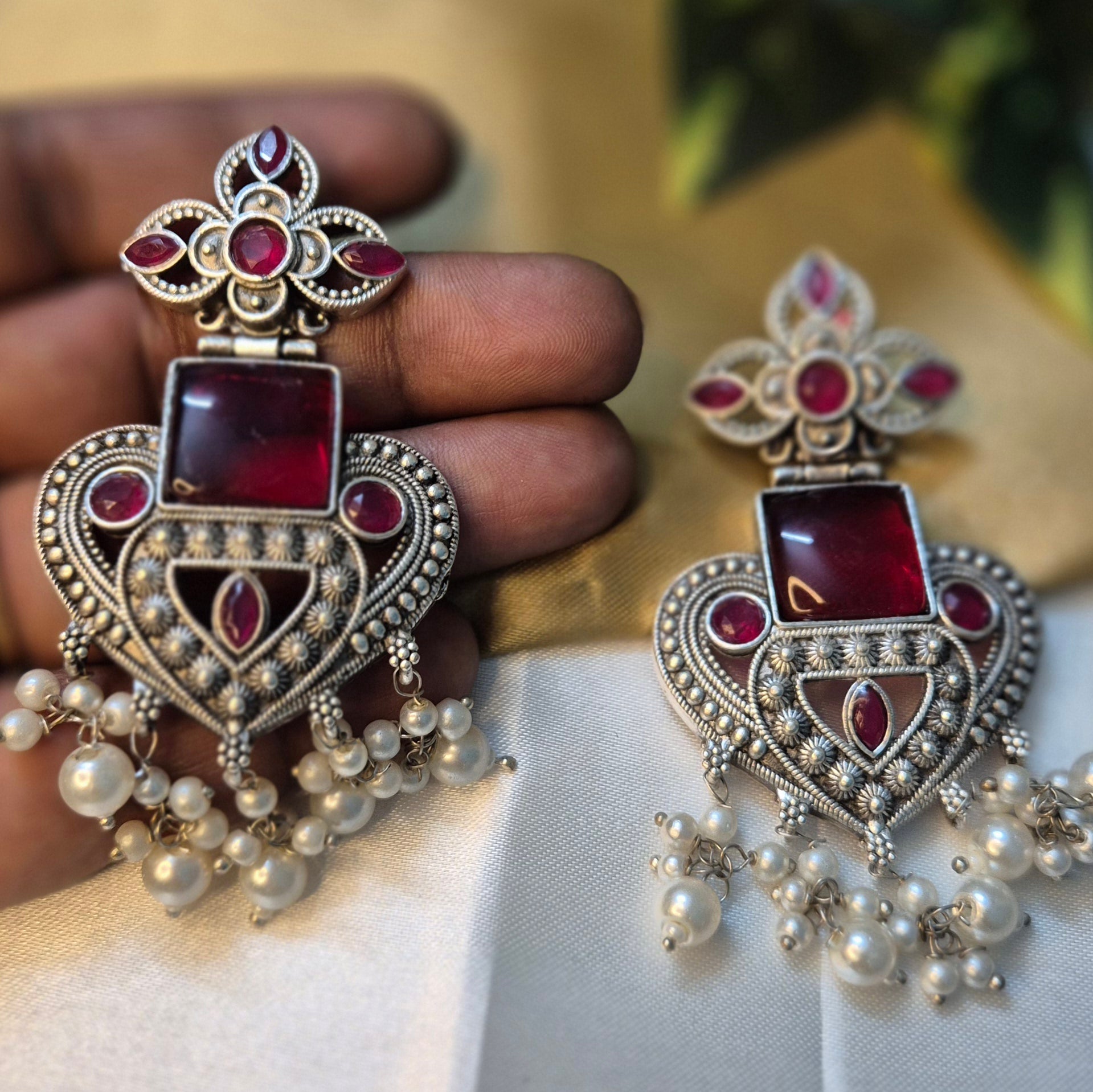 Oxidised Antique Ruby Stone Earrings with Pearl Clusters