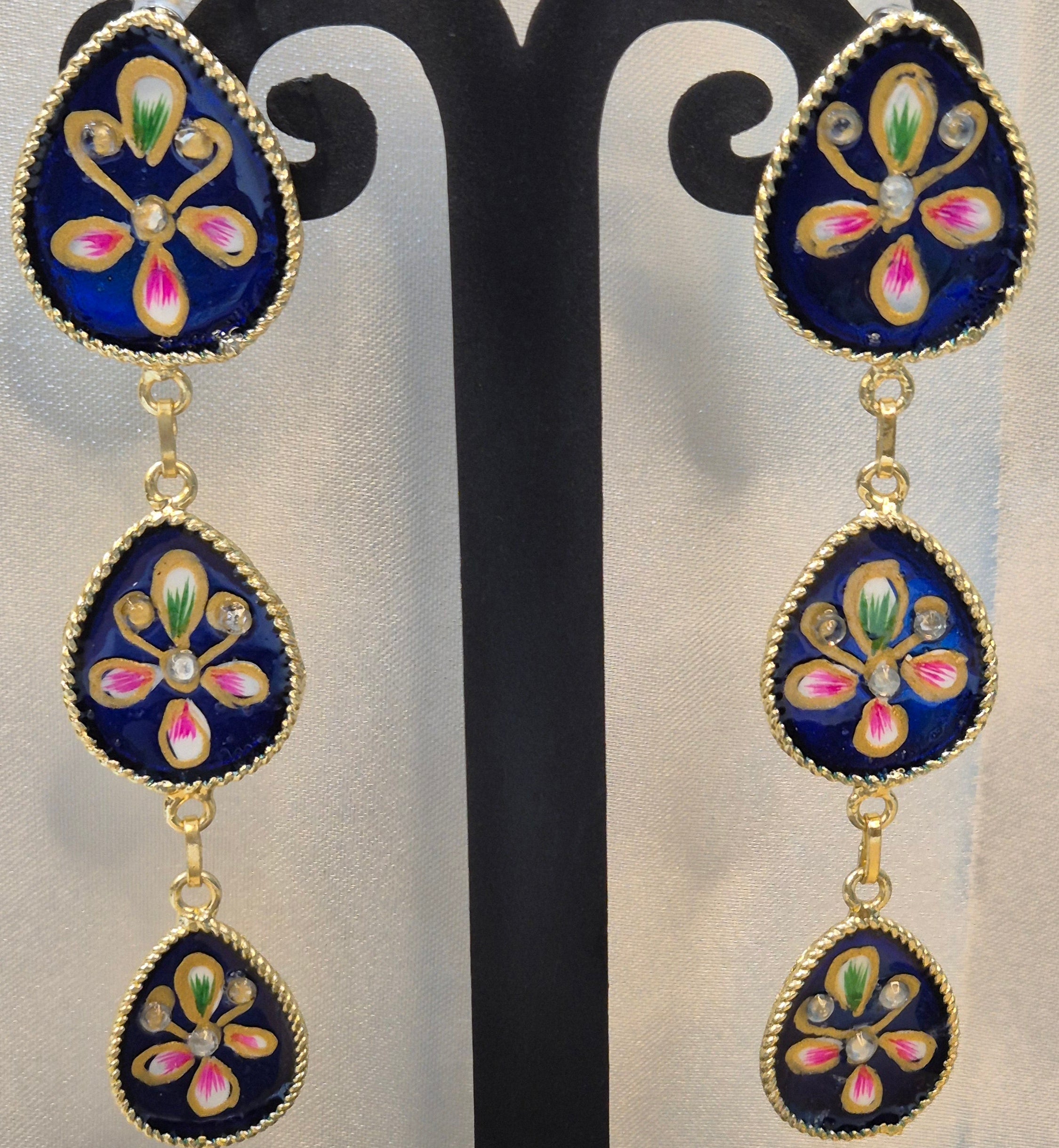 Hand-Painted blue Enamel Floral Drop Earrings with Stone Accents