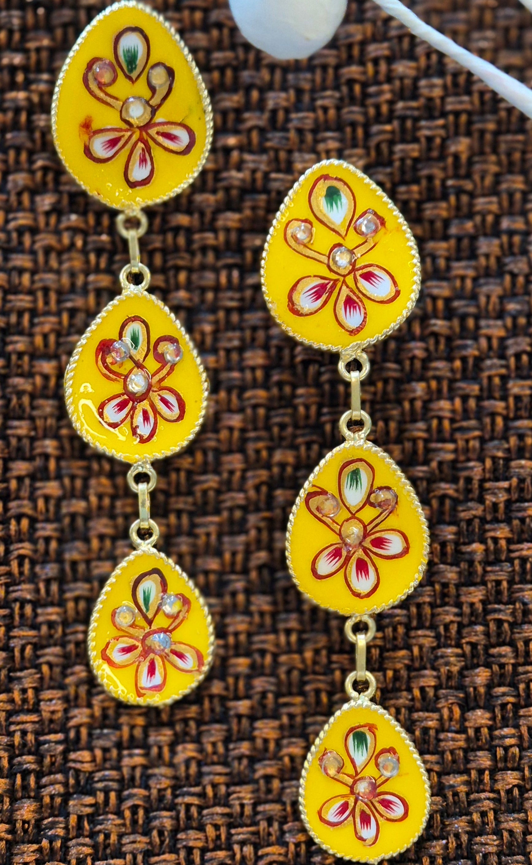 Hand-Painted Yellow Enamel  Floral Drop Earrings with Stone  Accents