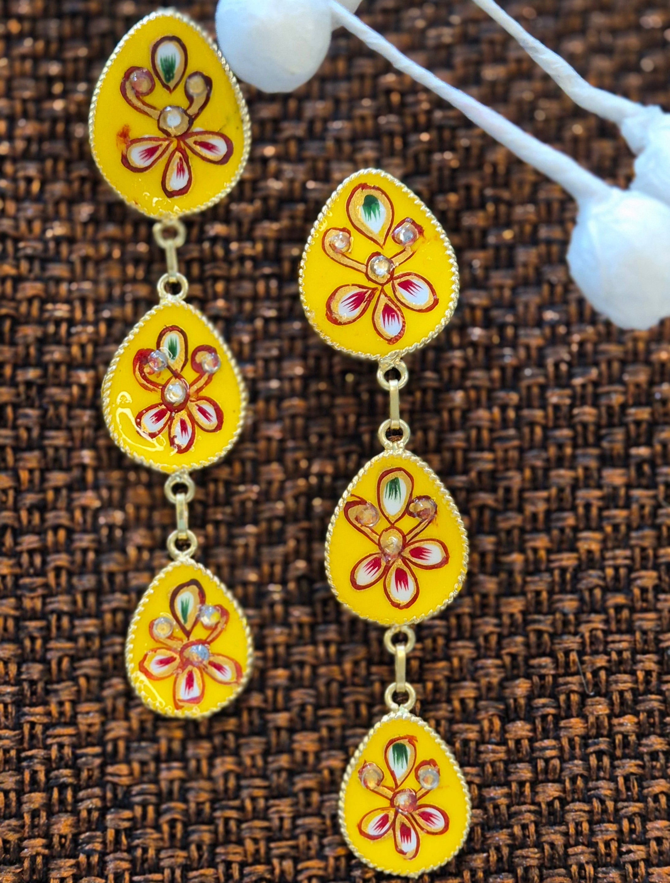 Hand-Painted Yellow Enamel  Floral Drop Earrings with Stone  Accents