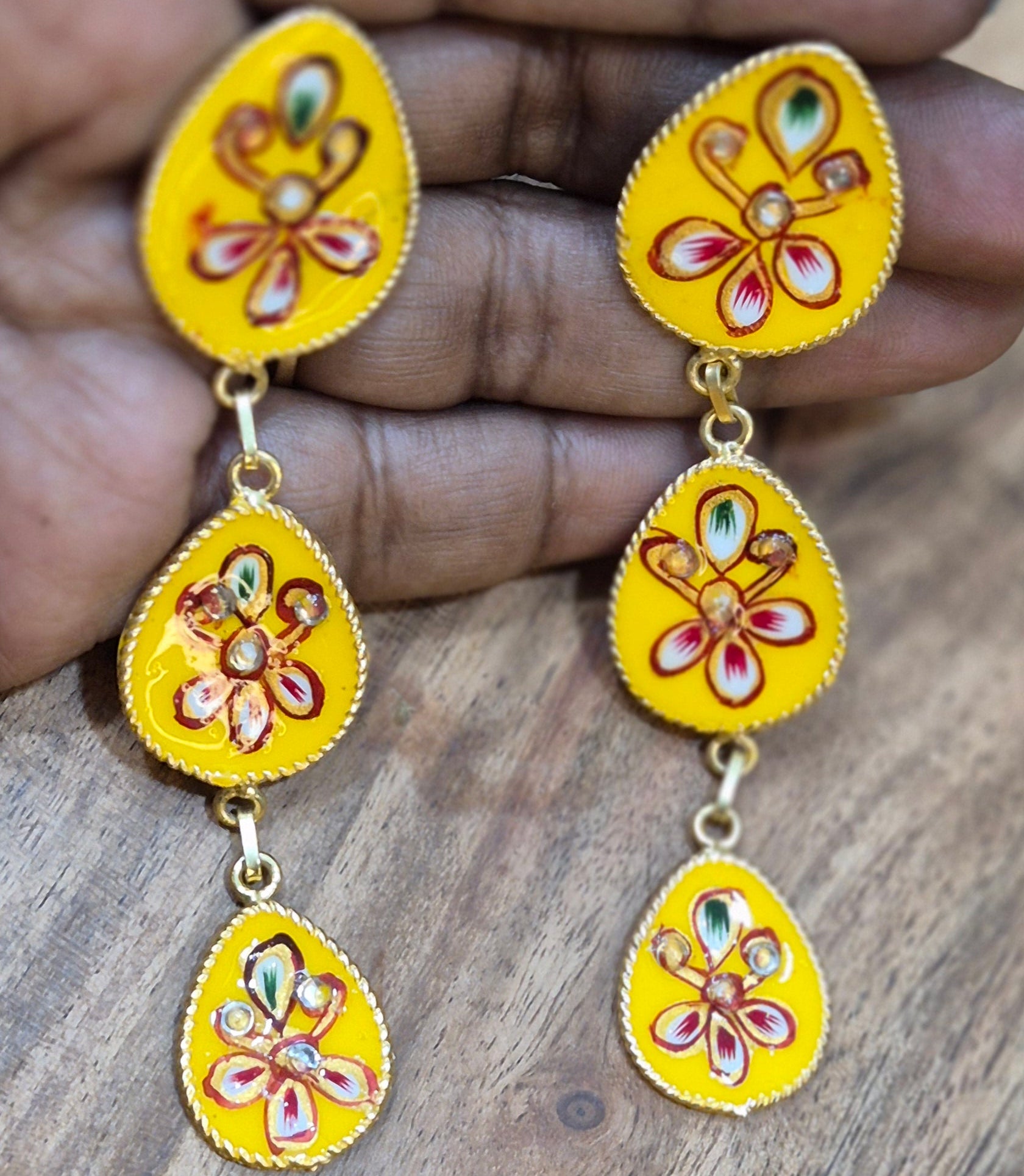 Hand-Painted Yellow Enamel  Floral Drop Earrings with Stone  Accents