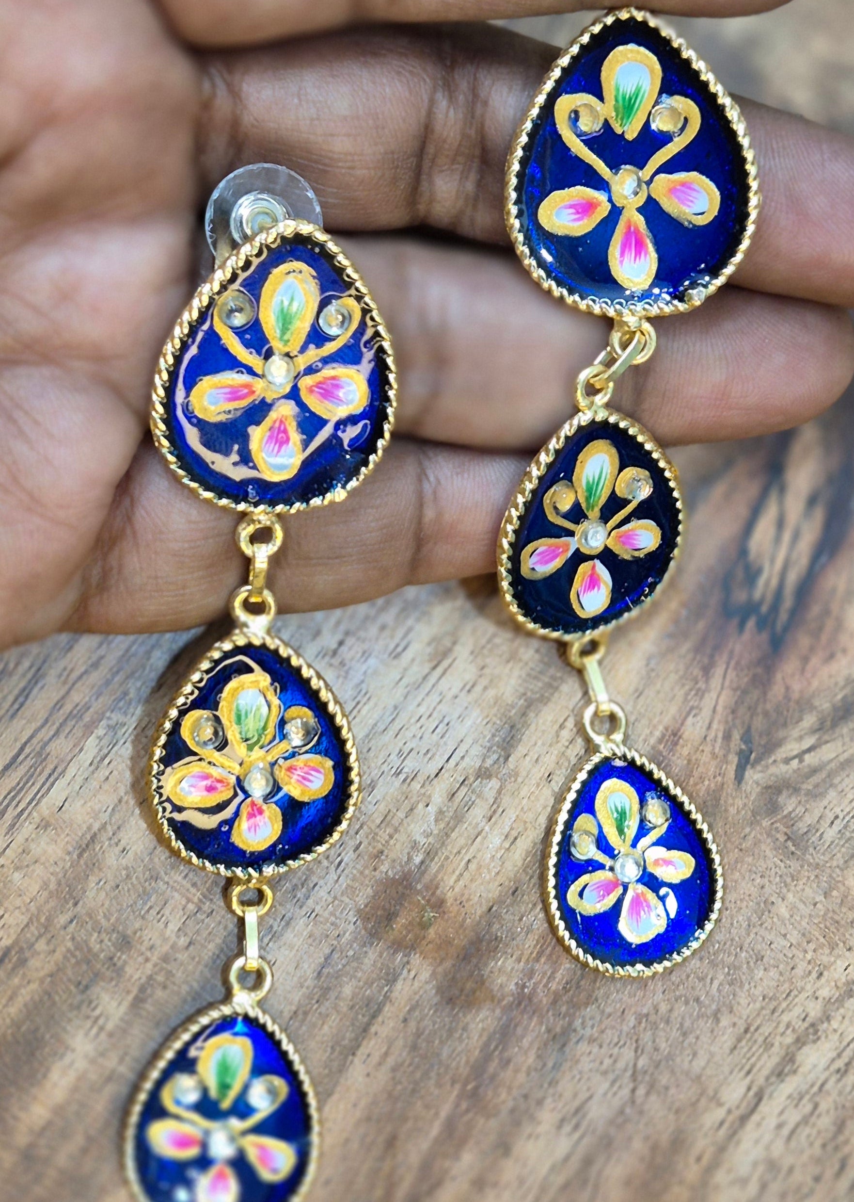 Hand-Painted blue Enamel  Floral Drop Earrings with Stone  Accents