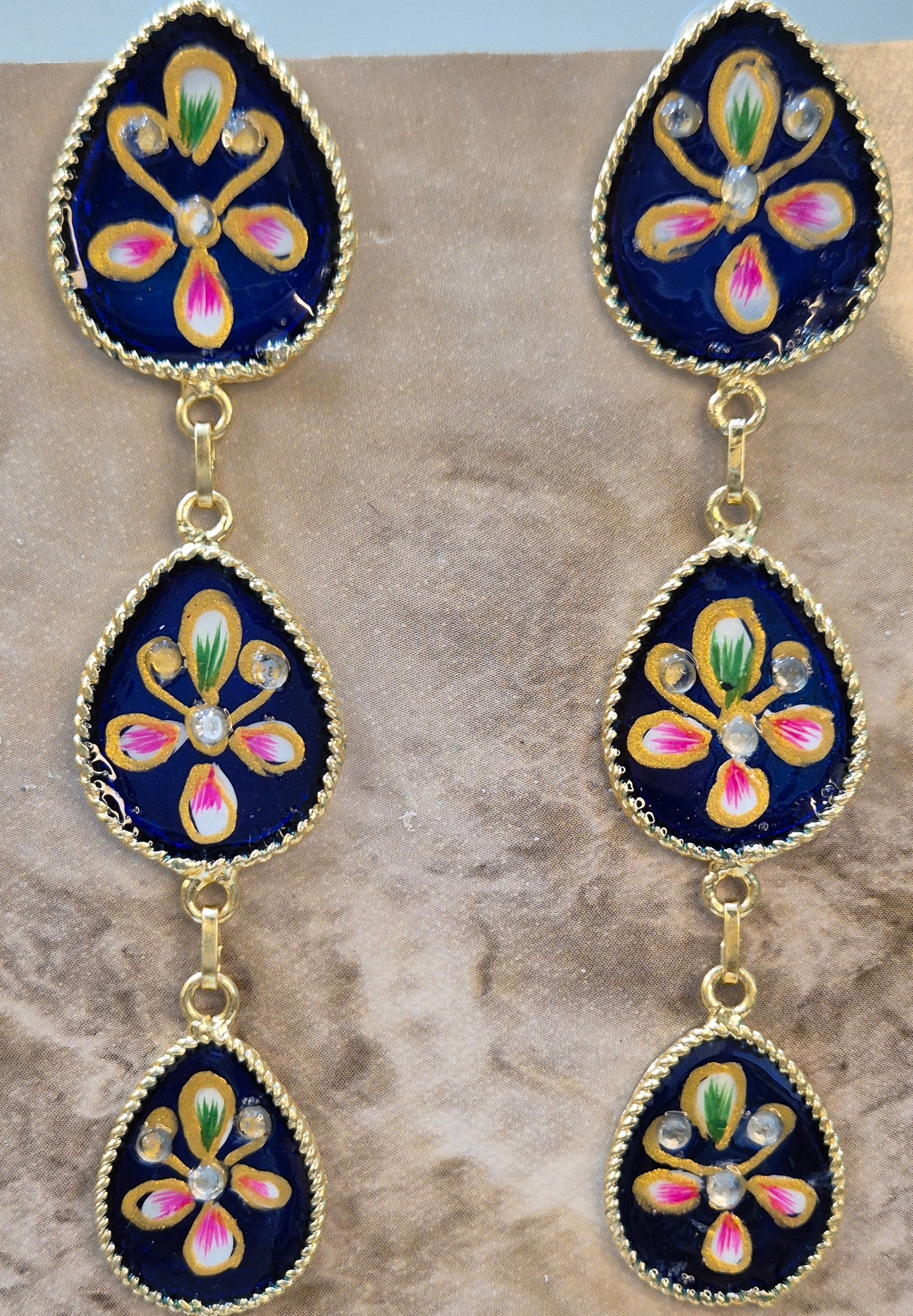 Hand-Painted blue Enamel  Floral Drop Earrings with Stone  Accents