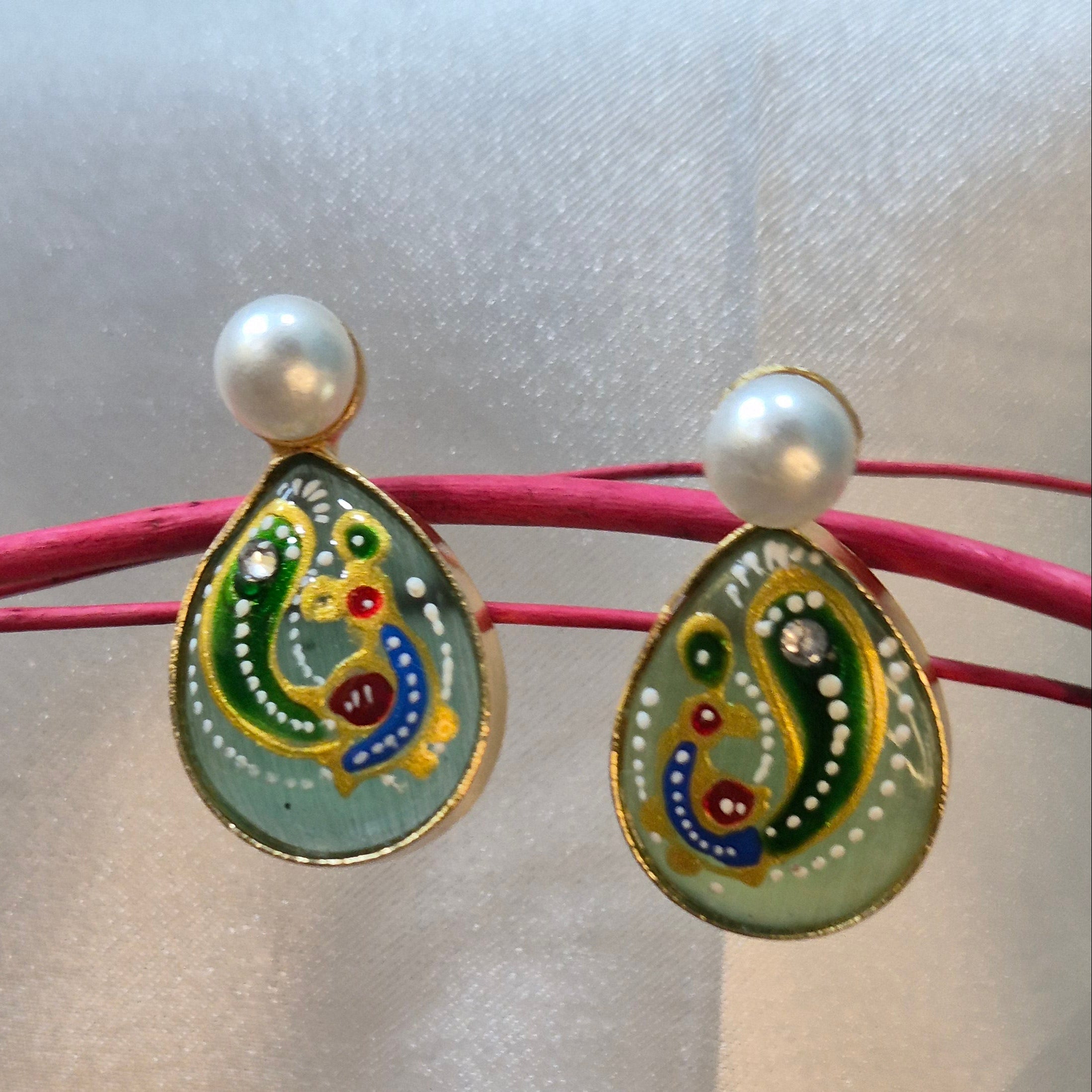 Hand-Painted Paisley Enamel  Drop Earrings with Pearl Studs,in pista green and yellow