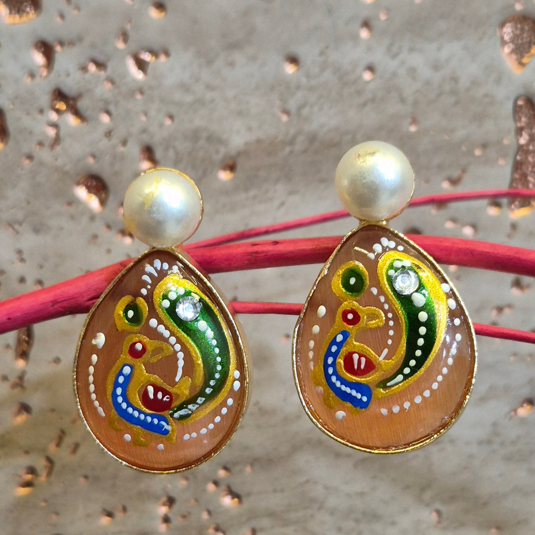 Hand-Painted Paisley Enamel  Drop Earrings with Pearl Studs,in pista green and yellow