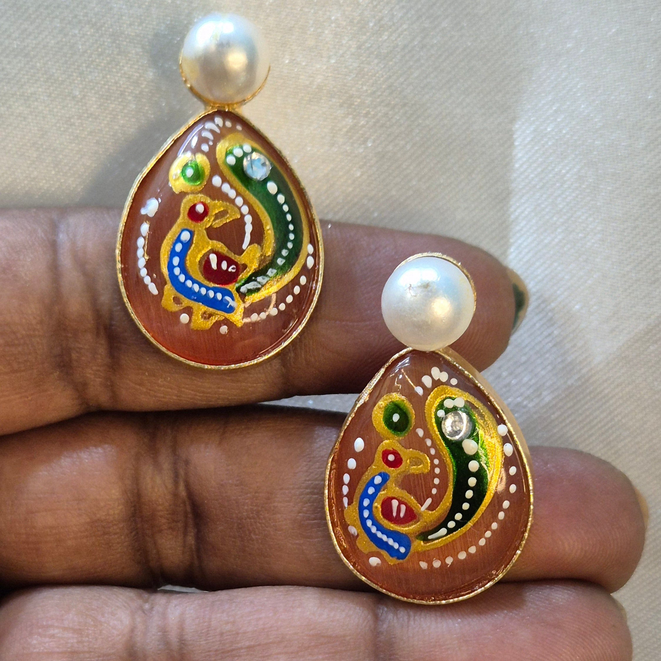 Hand-Painted Paisley Enamel  Drop Earrings with Pearl Studs,in pista green and yellow