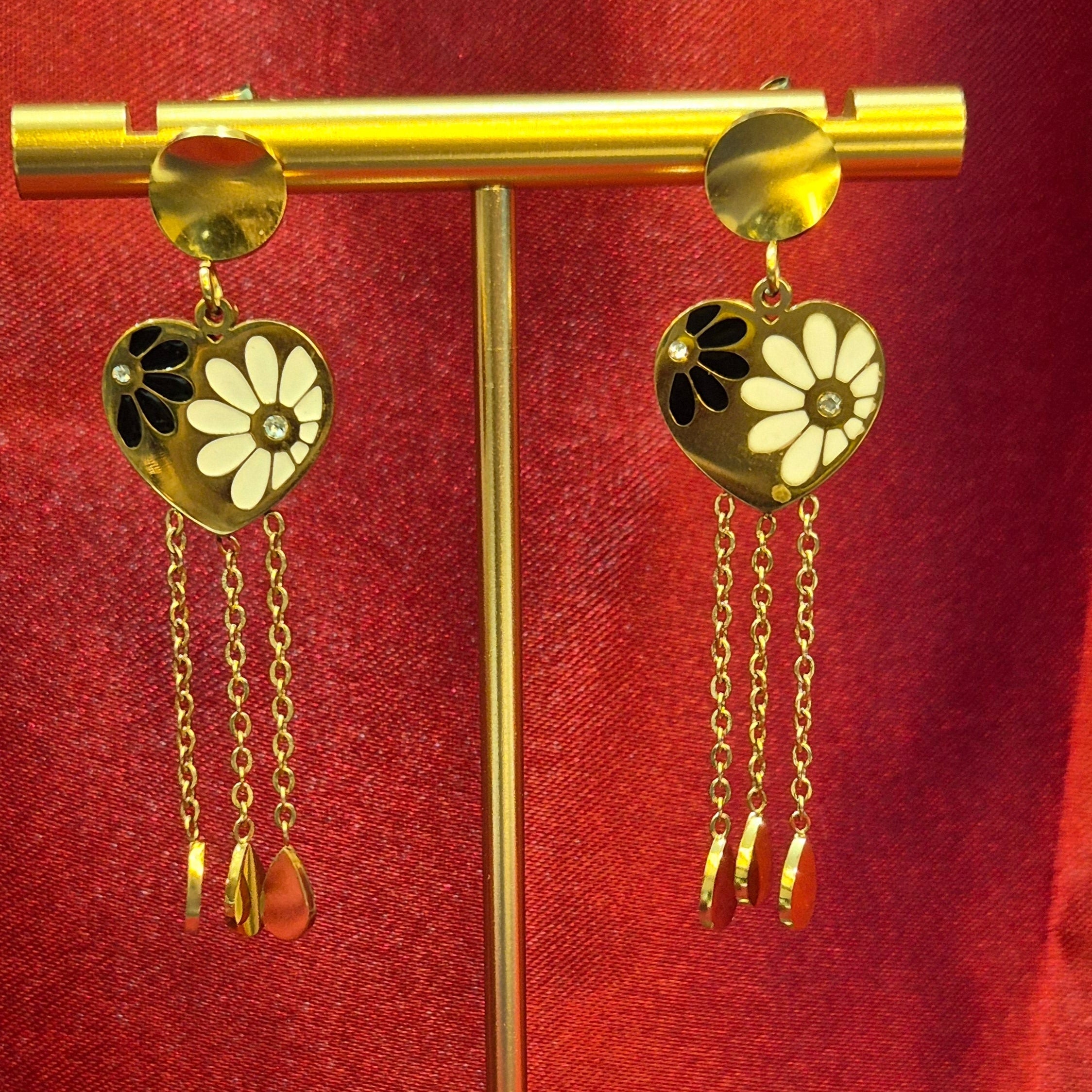 Golden Heart Earrings with Floral  Design & Chain Danglers – Trendy  Statement Jewelry