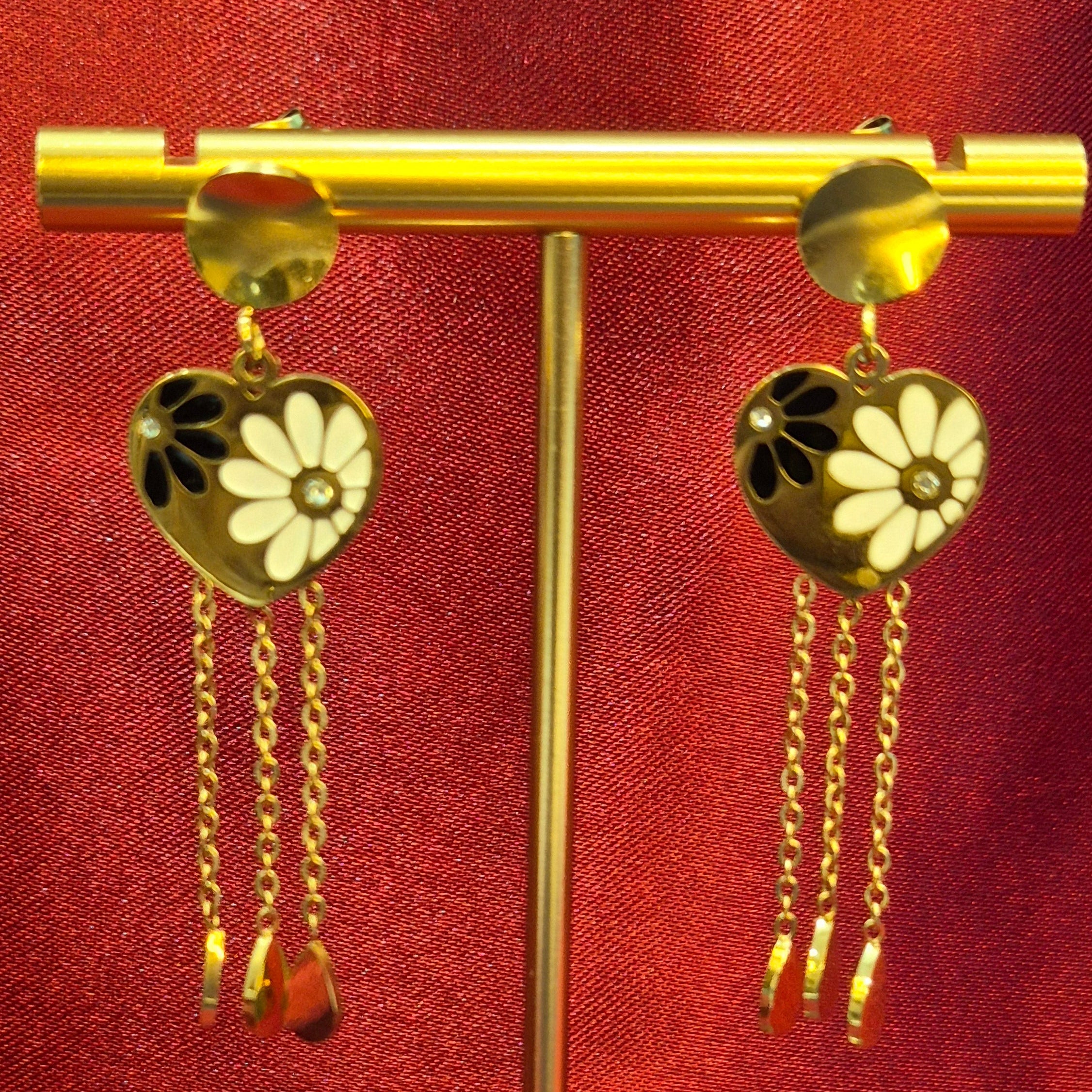 Golden Heart Earrings with Floral  Design & Chain Danglers – Trendy  Statement Jewelry