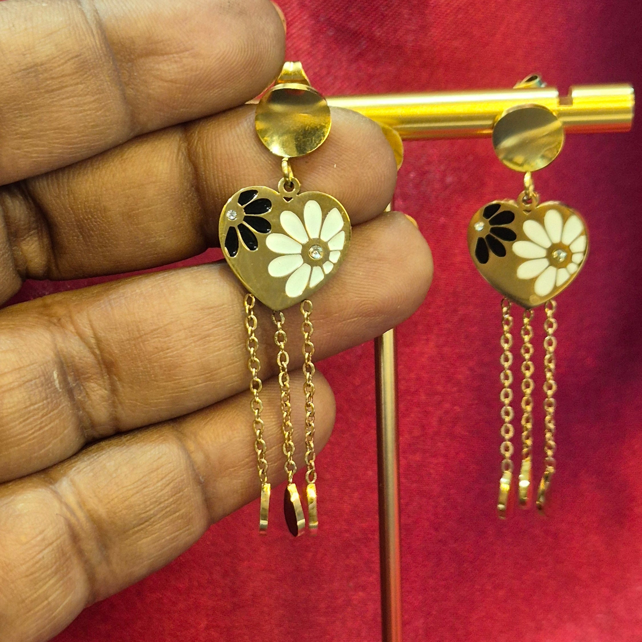 Golden Heart Earrings with Floral  Design & Chain Danglers – Trendy  Statement Jewelry