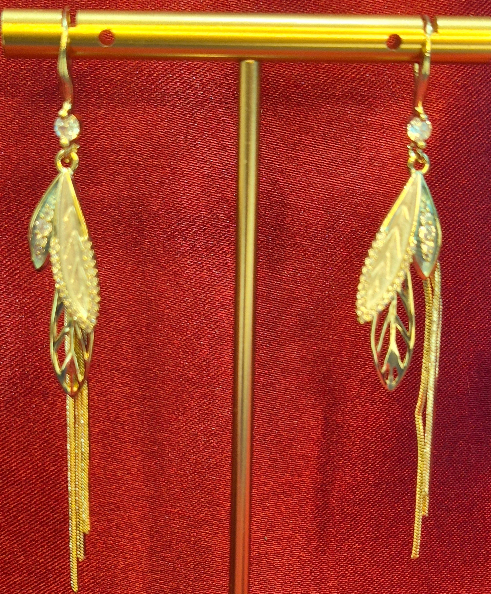 Golden Leaf Tassel Earrings with  Crystal Accents – Elegant Party  Jewelry