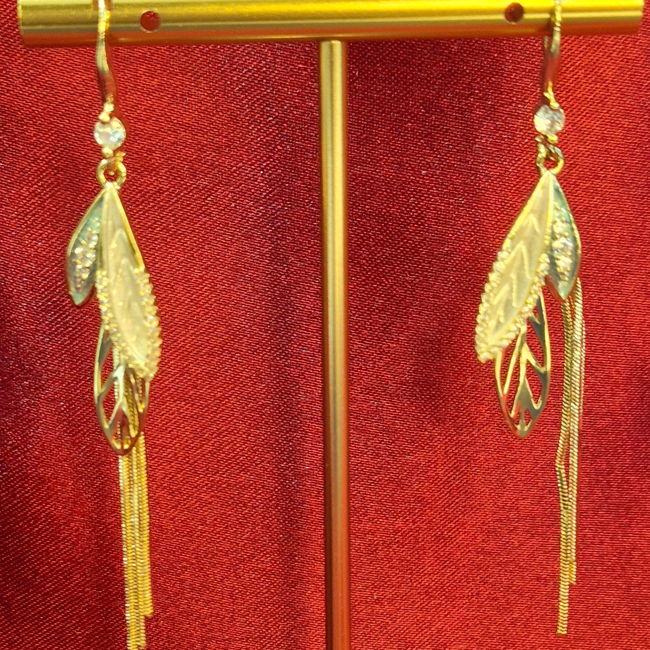 Golden Leaf Tassel Earrings with  Crystal Accents – Elegant Party  Jewelry
