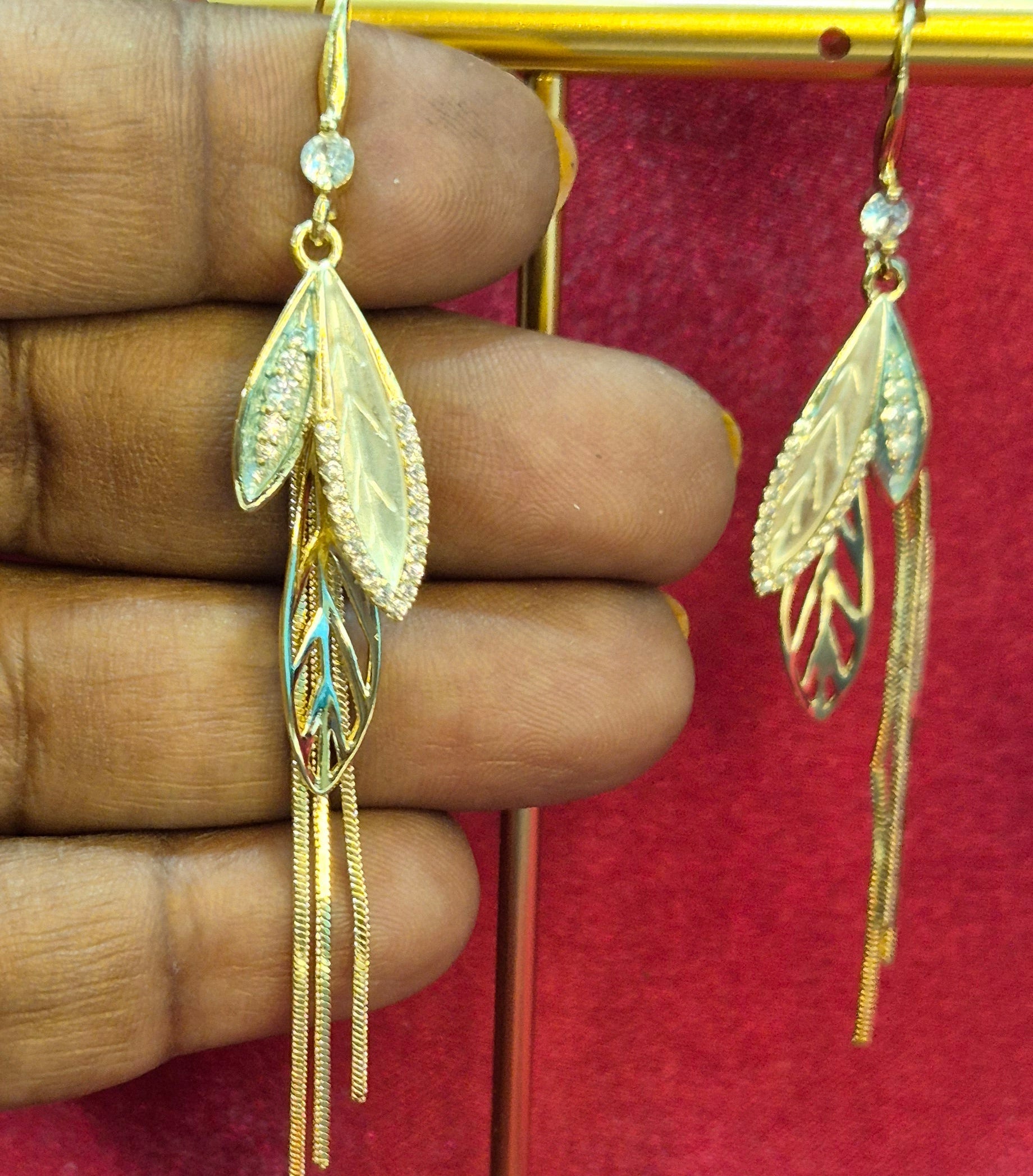 Golden Leaf Tassel Earrings with  Crystal Accents – Elegant Party  Jewelry