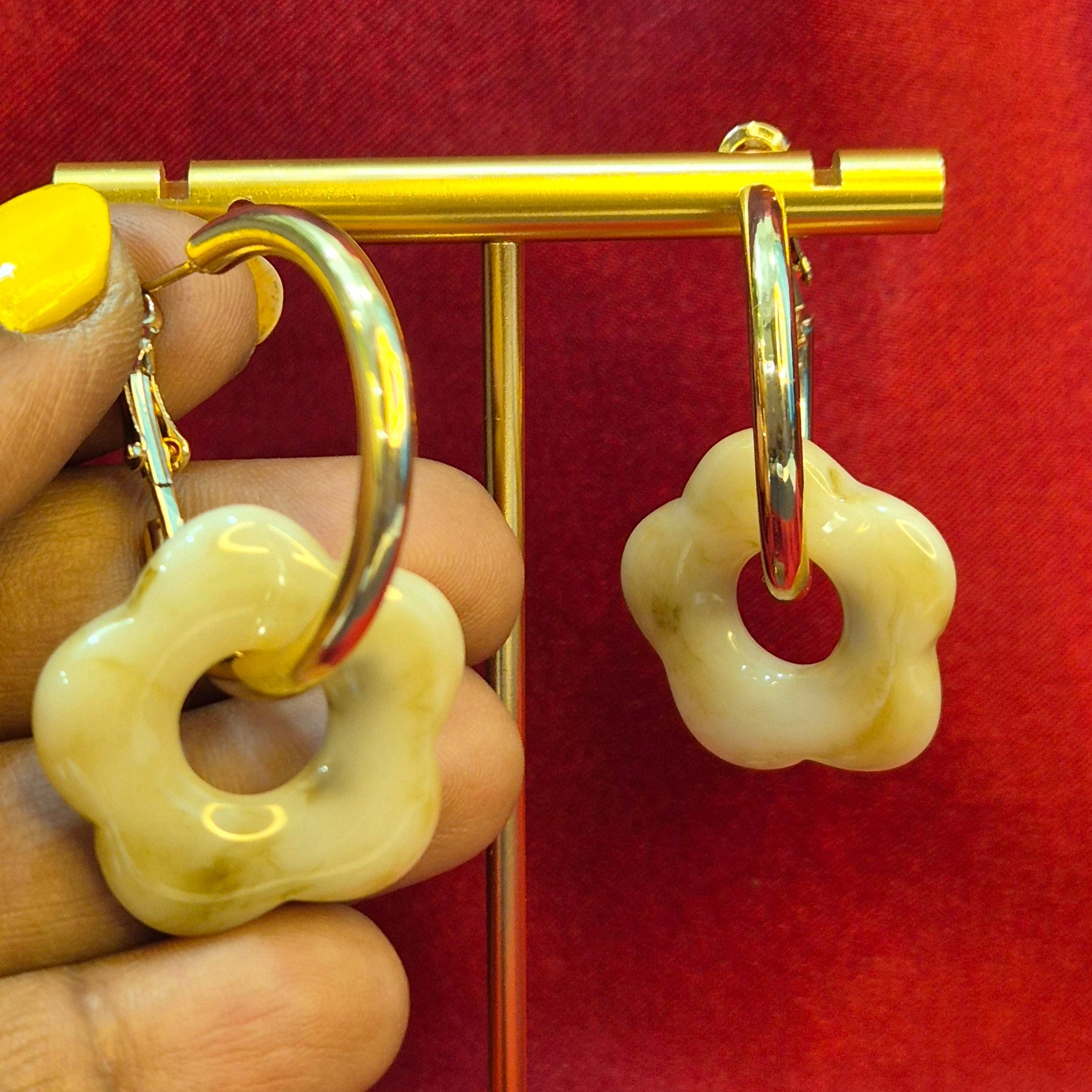 Golden Hoop Earrings with Cream  Resin Flower Charm –  Trendy Casual Jewelry