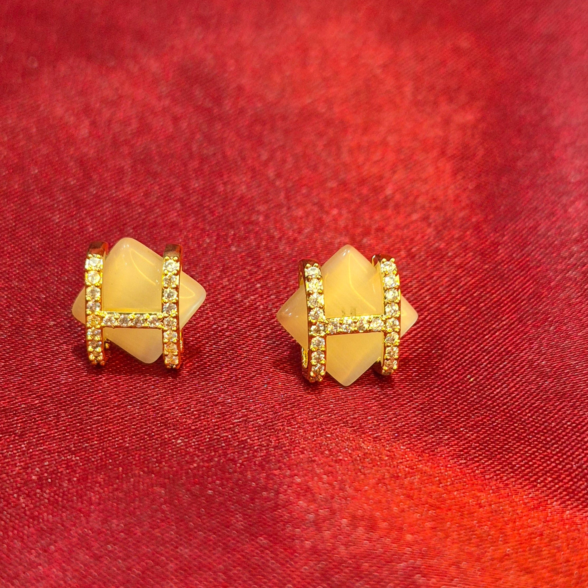 Stone Cube Stud Earrings with Crystal Accent Bands